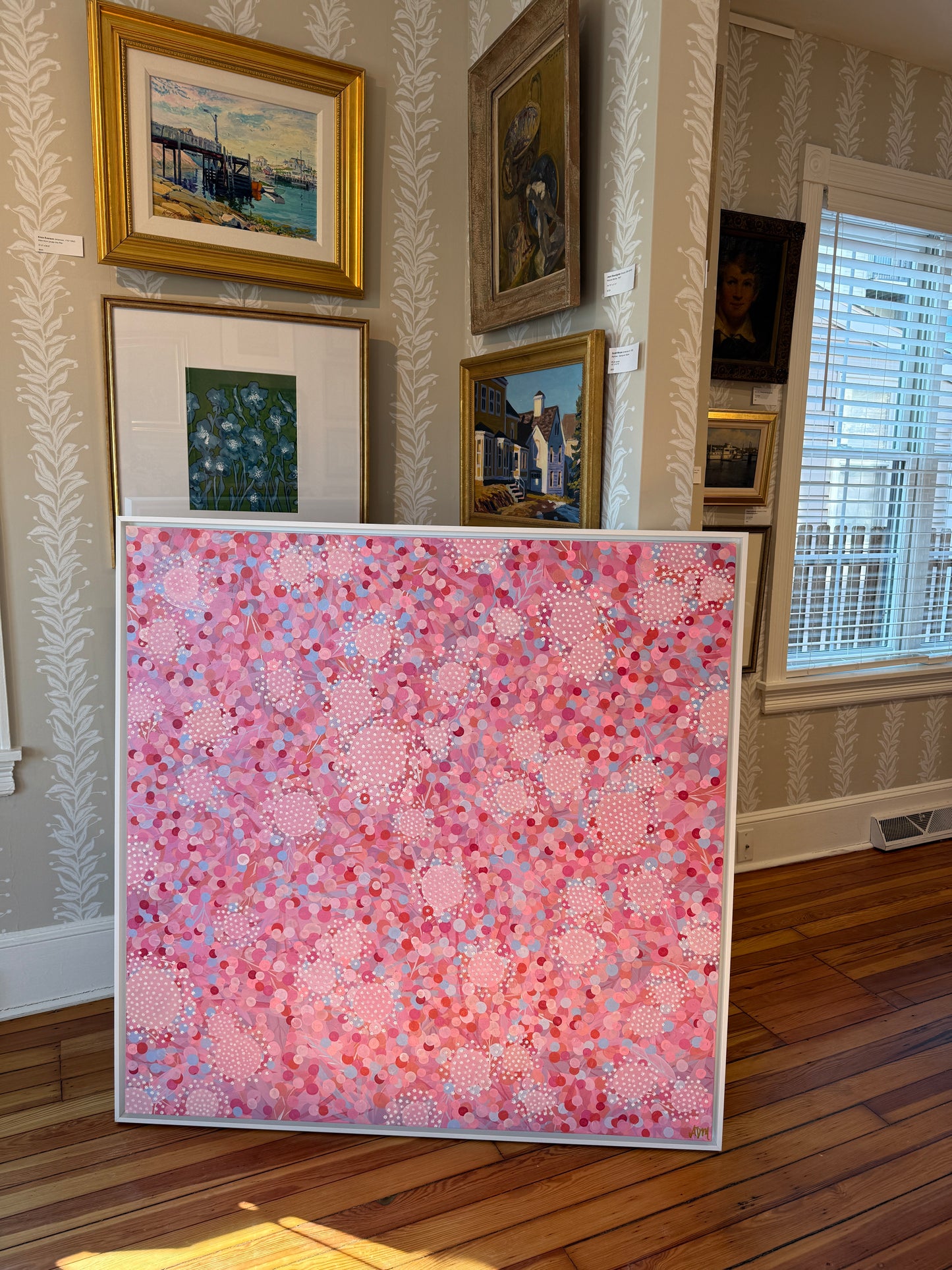 Alison Diamond McElroy Go Pink or Go Home Abstract Floral Painting in White Floater Frame