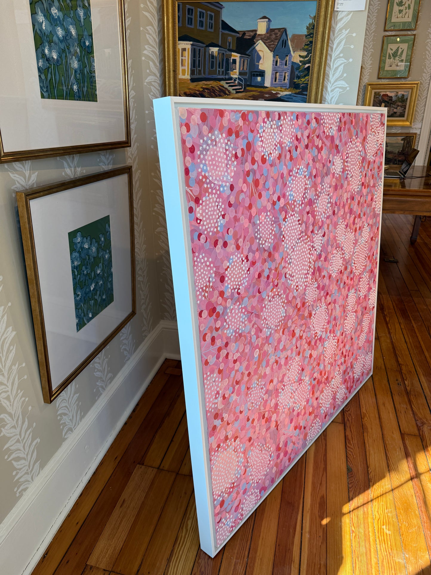 Alison Diamond McElroy Go Pink or Go Home Abstract Floral Painting in White Floater Frame