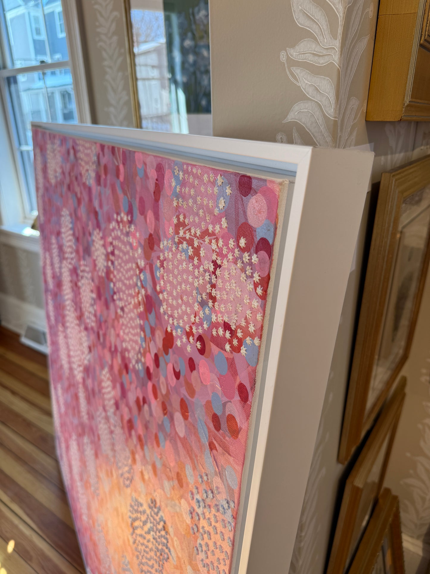 Alison Diamond McElroy Go Pink or Go Home Abstract Floral Painting in White Floater Frame