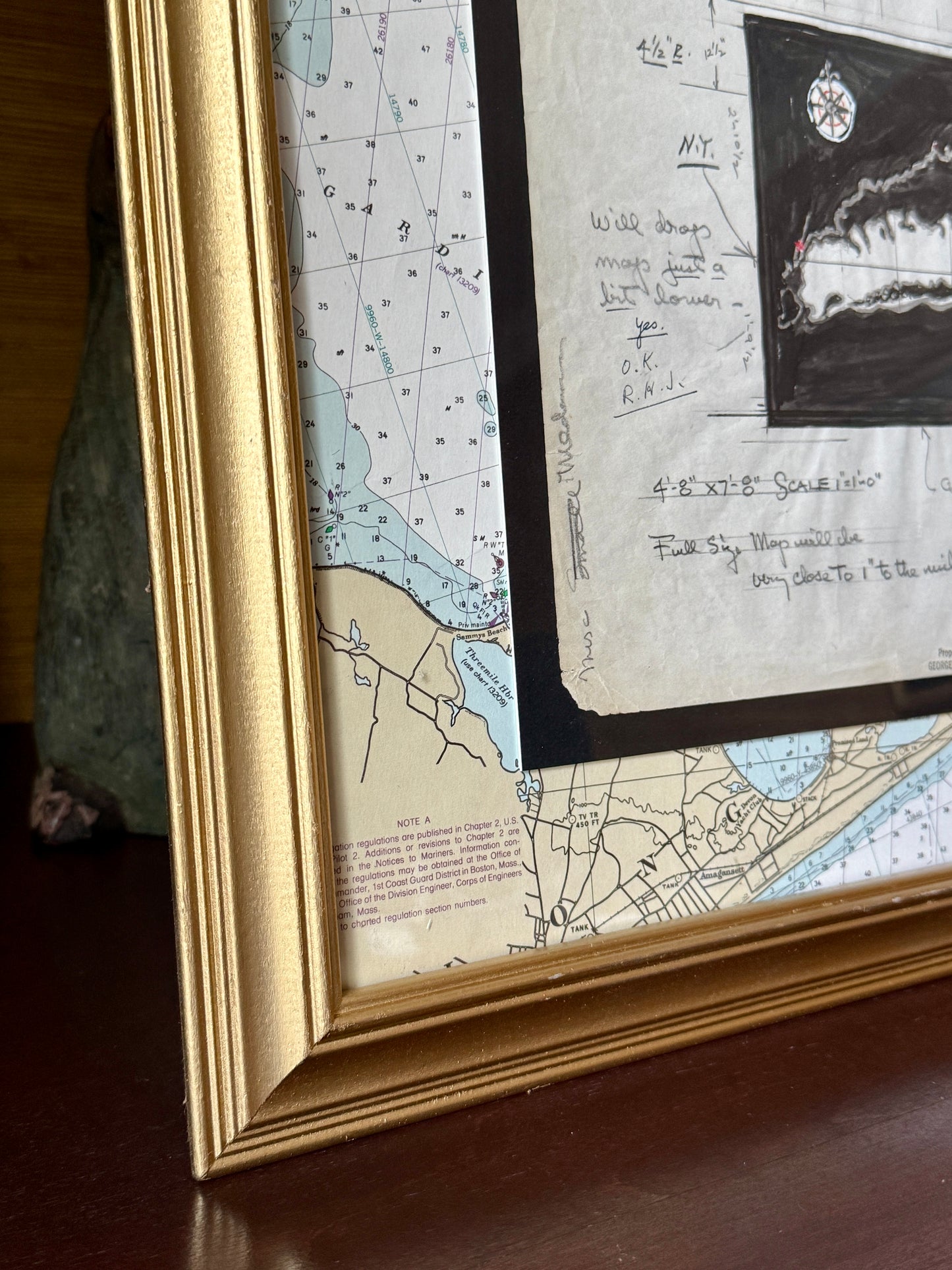George Wells Long Island Amagansett New York City Rug Design Sketch in Gold Frame