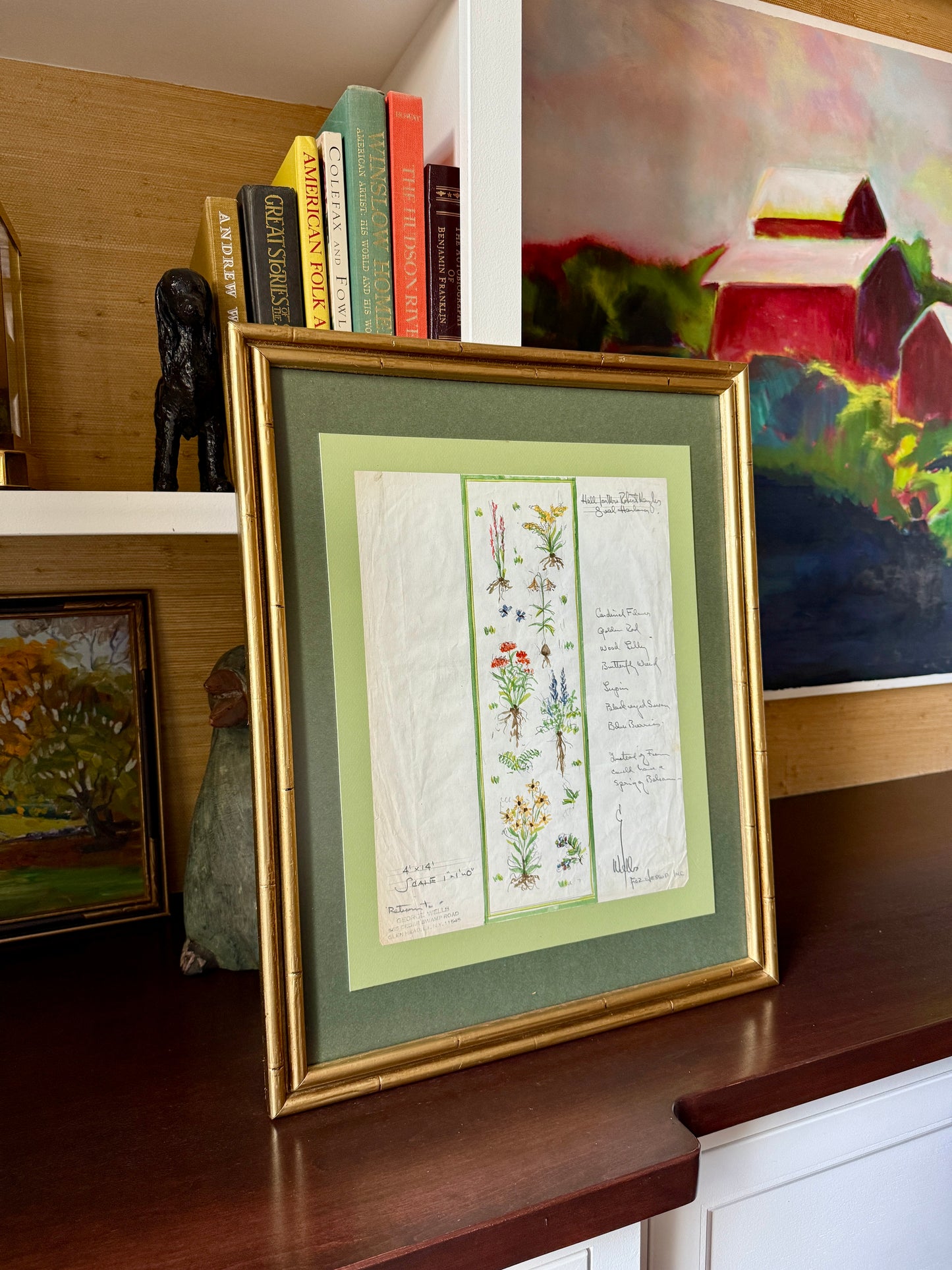 George Wells Maine Botanicals Seal Harbor Rug Design for Polly Jessup Watercolor Sketch in Gold Frame