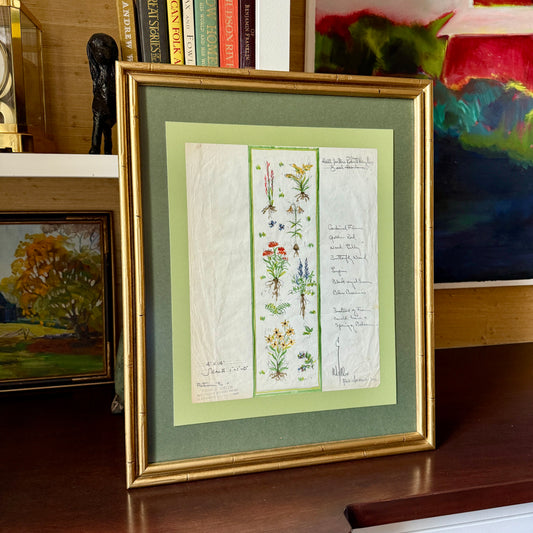George Wells Maine Botanicals Seal Harbor Rug Design for Polly Jessup Watercolor Sketch in Gold Frame