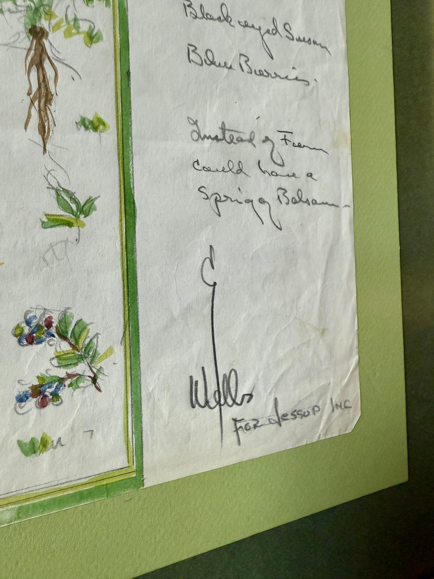 George Wells Maine Botanicals Seal Harbor Rug Design for Polly Jessup Watercolor Sketch in Gold Frame