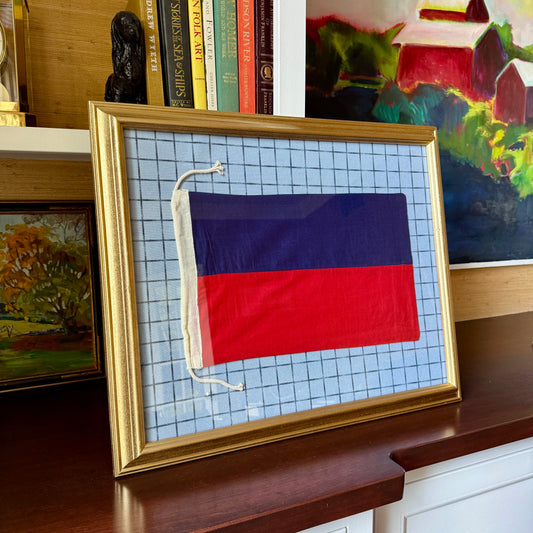 Vintage Canvas Nautical Signal Flag for "E" on Blue Windowpane Check in Gold Frame