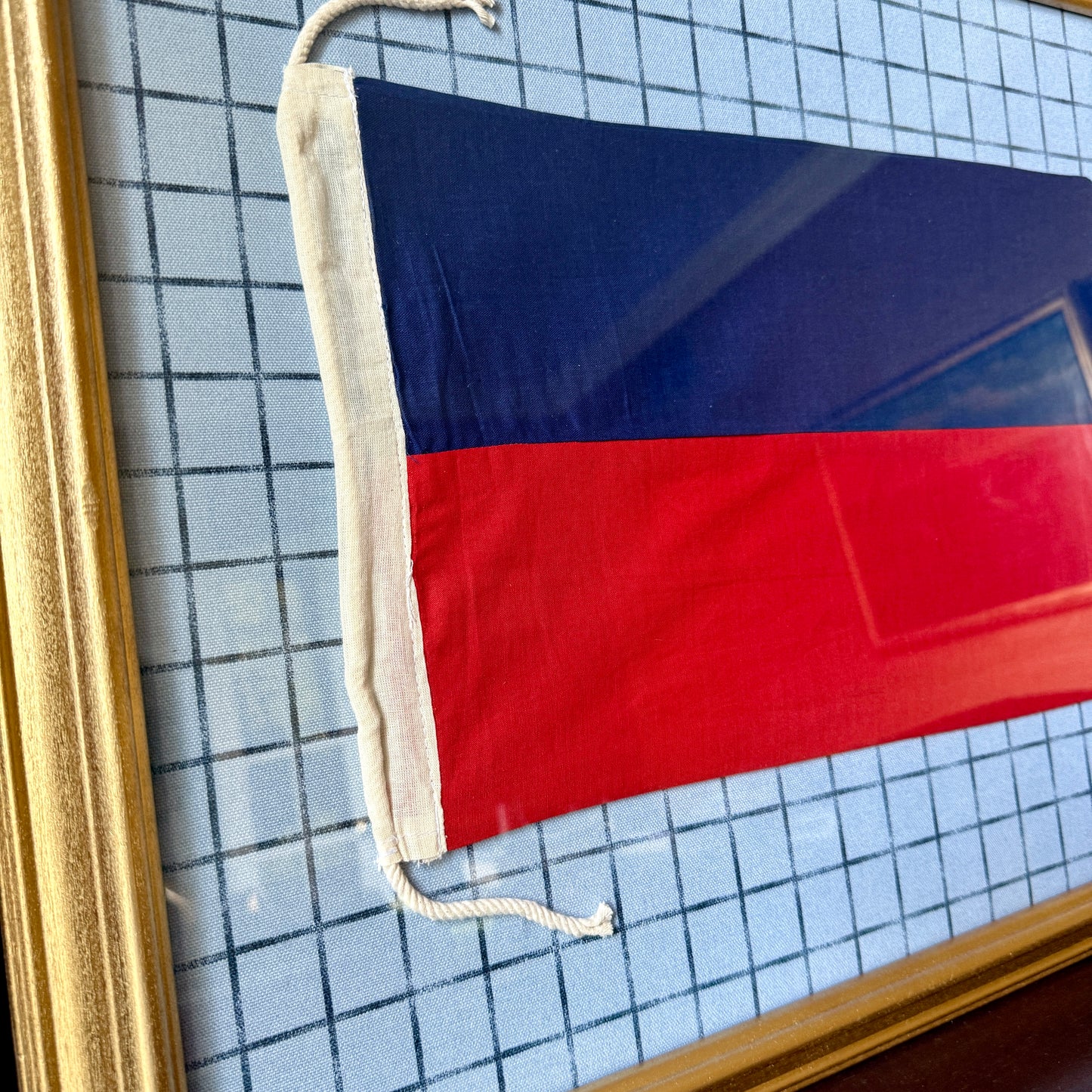 Vintage Canvas Nautical Signal Flag for "E" on Blue Windowpane Check in Gold Frame