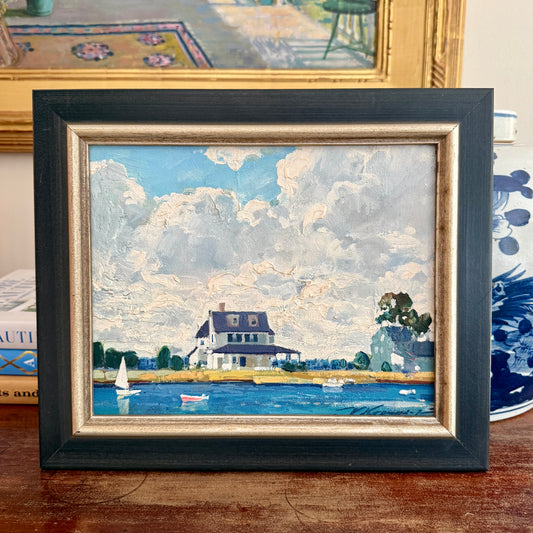 Vintage White Farmhouse on the Lake Summer Landscape Oil Painting in Black Frame