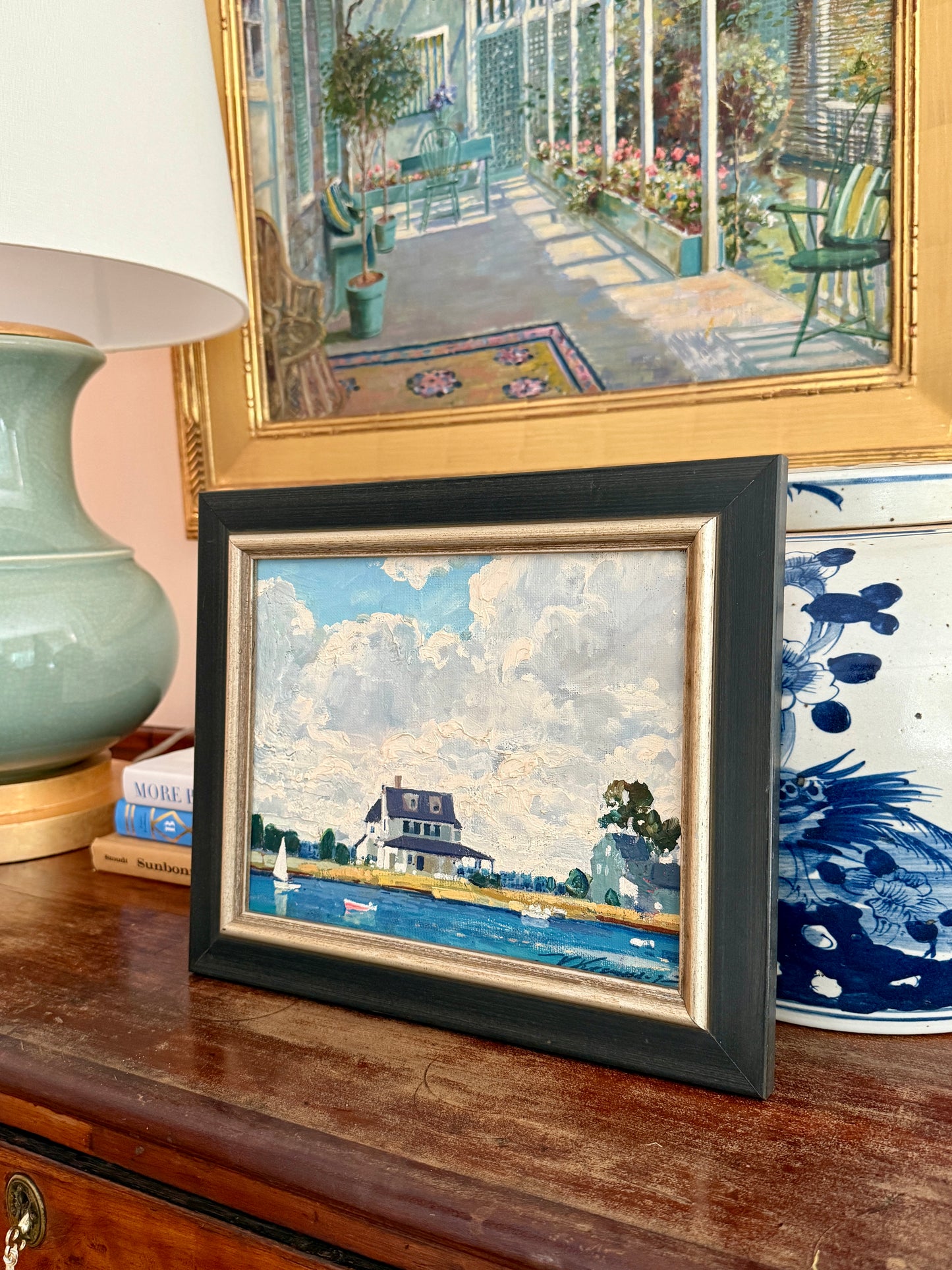 Vintage White Farmhouse on the Lake Summer Landscape Oil Painting in Black Frame