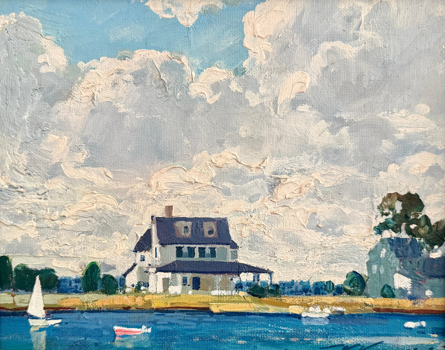 Vintage White Farmhouse on the Lake Summer Landscape Oil Painting in Black Frame