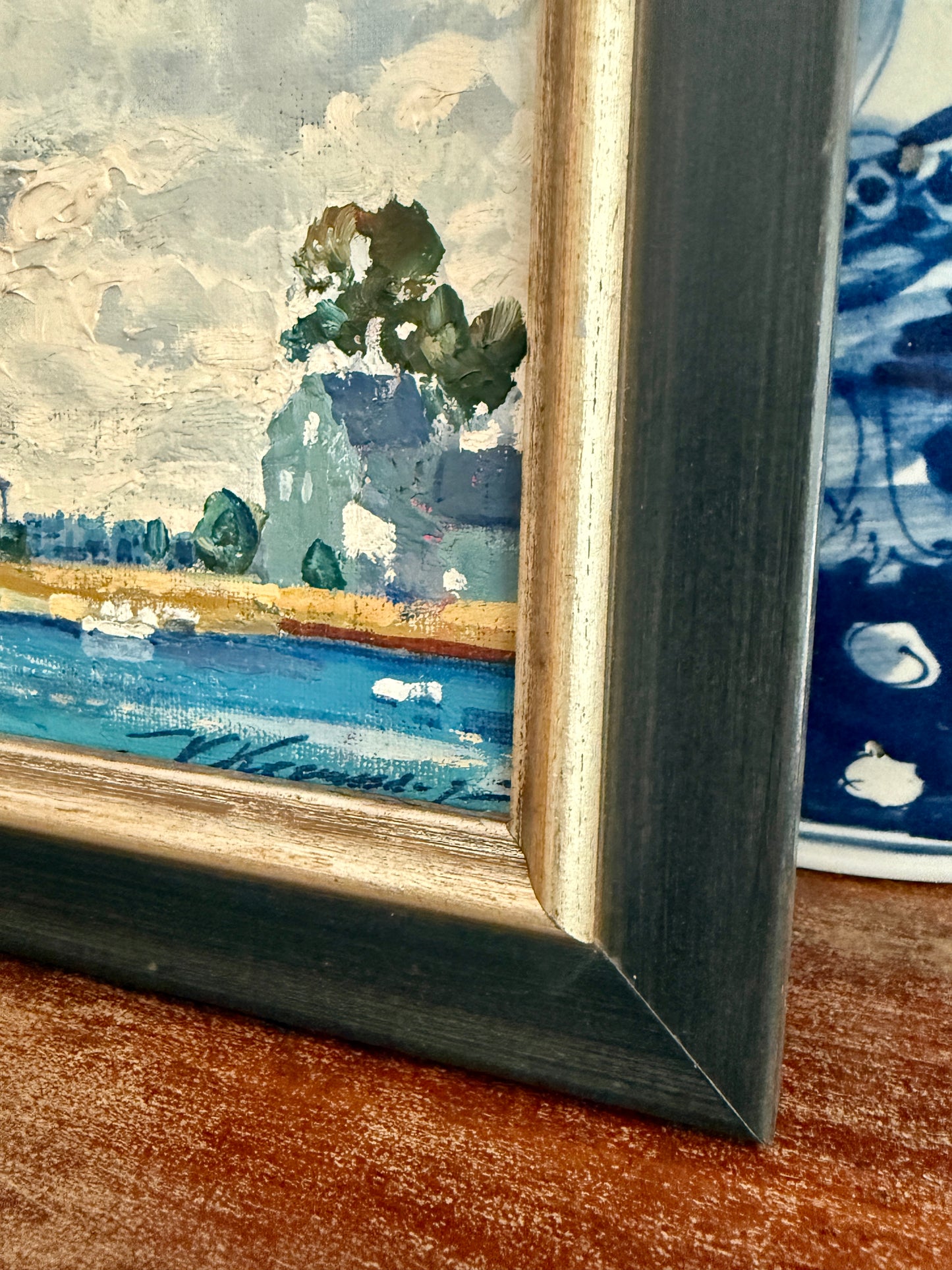 Vintage White Farmhouse on the Lake Summer Landscape Oil Painting in Black Frame