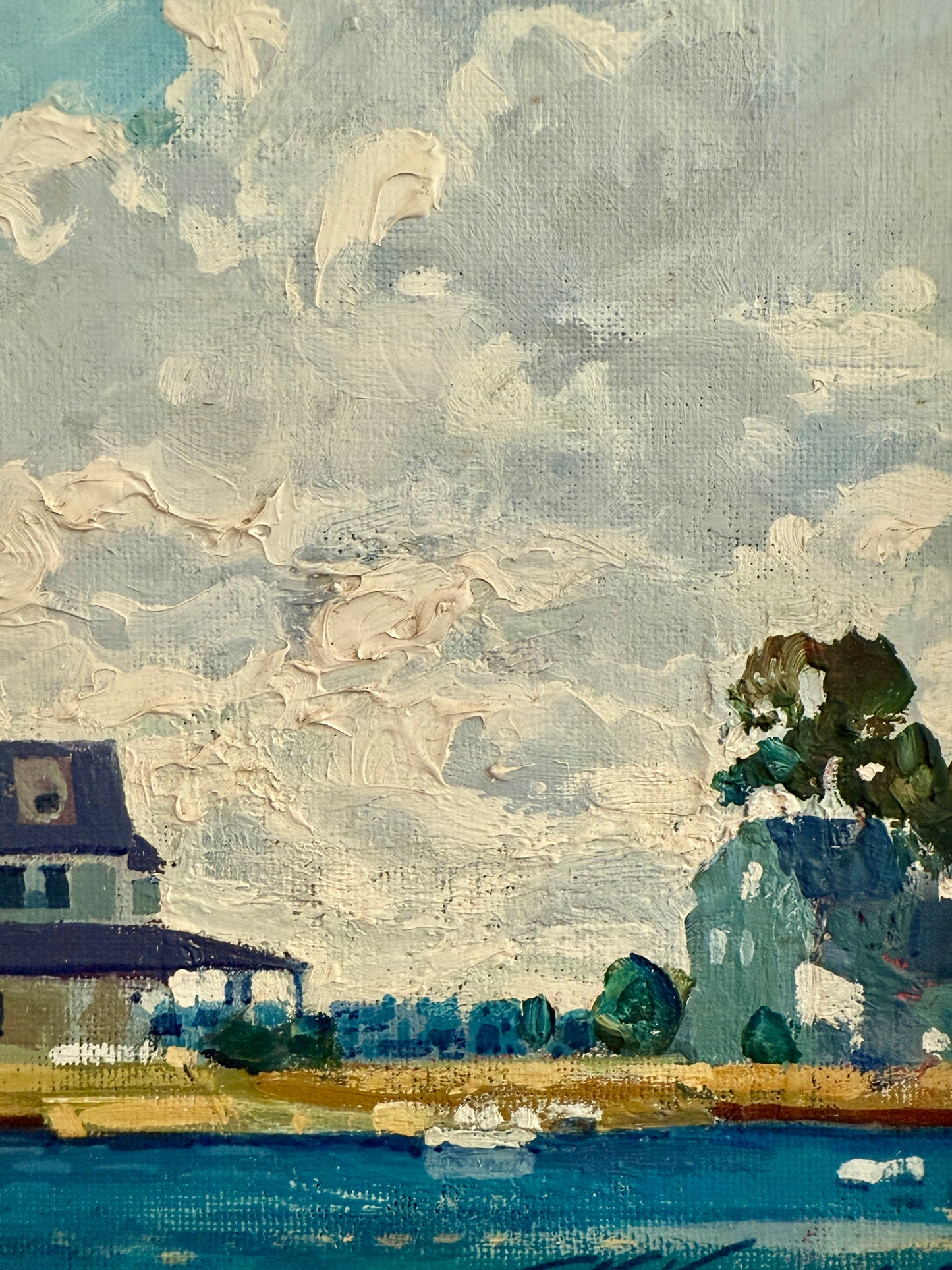 Vintage White Farmhouse on the Lake Summer Landscape Oil Painting in Black Frame