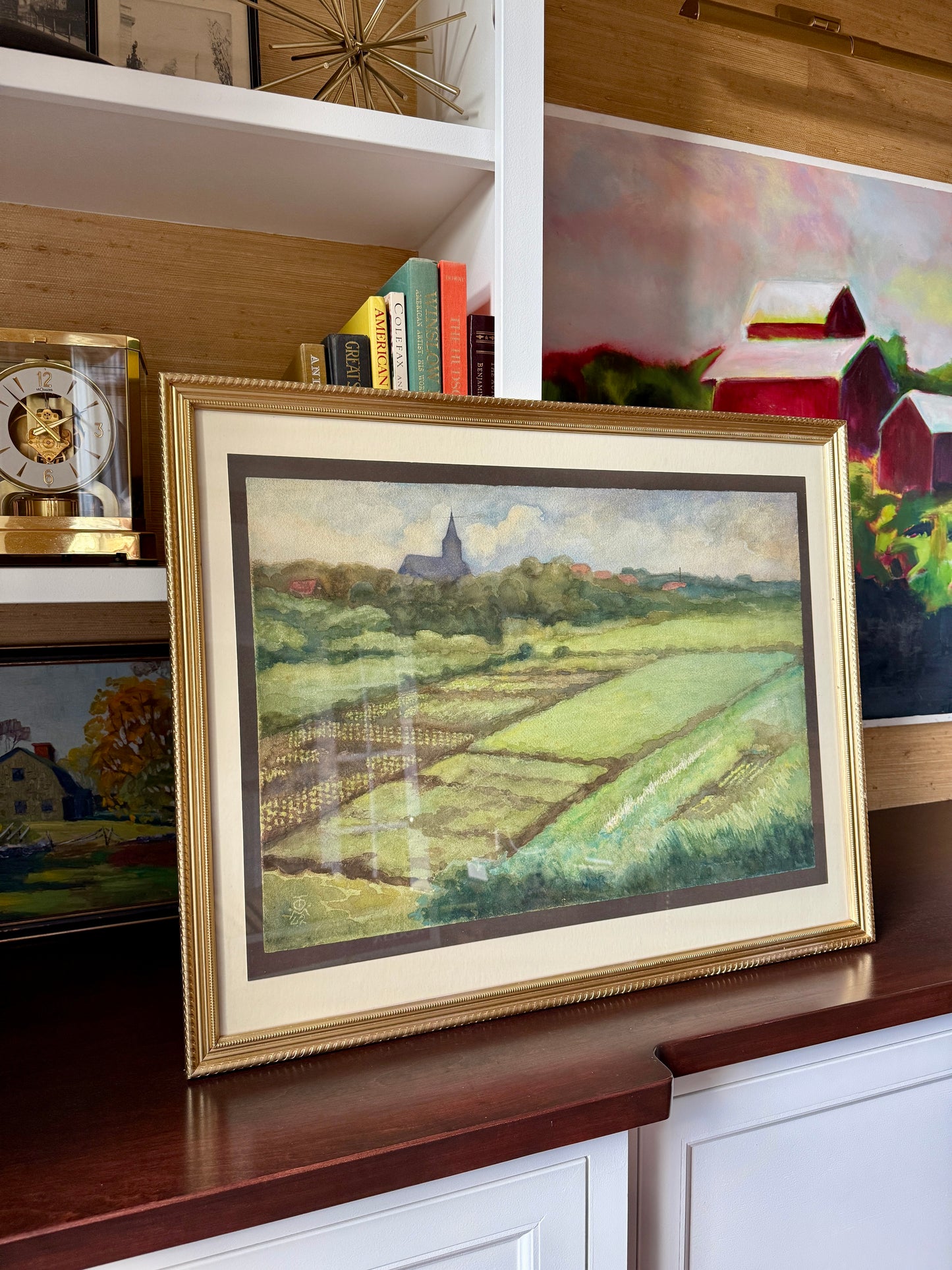 1942 Large Sprawling Farm Landscape Watercolor Painting in Gold Frame