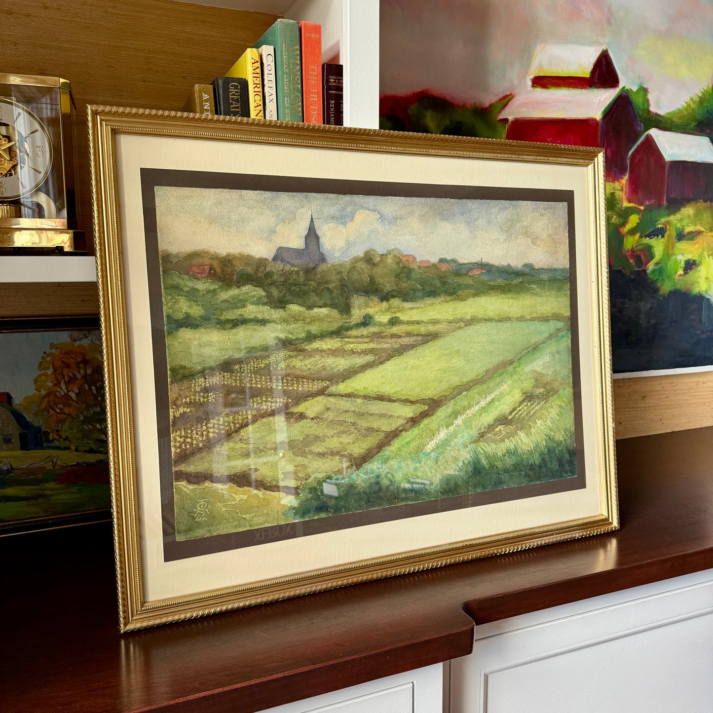 1942 Large Sprawling Farm Landscape Watercolor Painting in Gold Frame