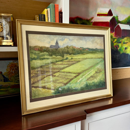1942 Large Sprawling Farm Landscape Watercolor Painting in Gold Frame