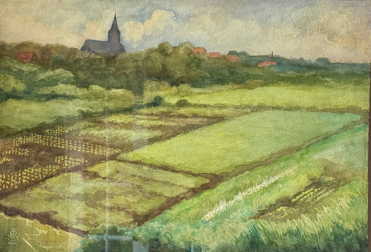 1942 Large Sprawling Farm Landscape Watercolor Painting in Gold Frame