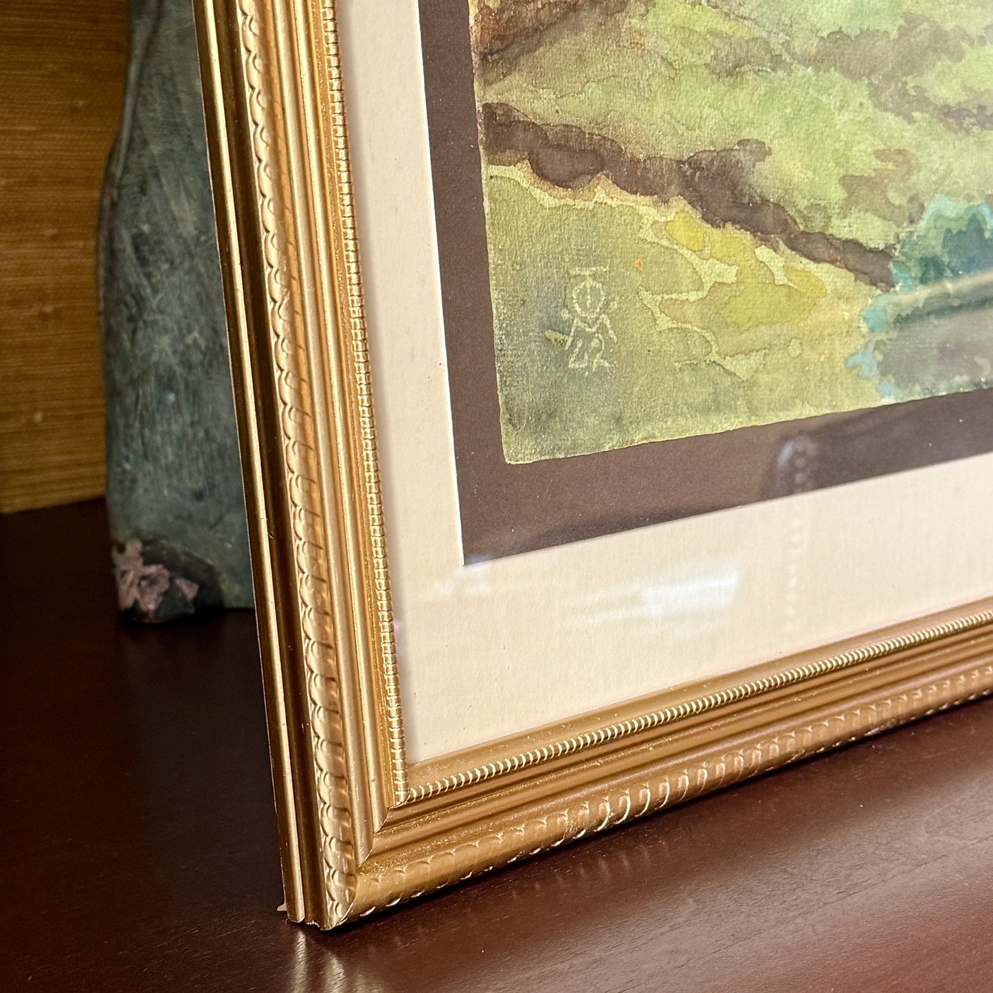 1942 Large Sprawling Farm Landscape Watercolor Painting in Gold Frame