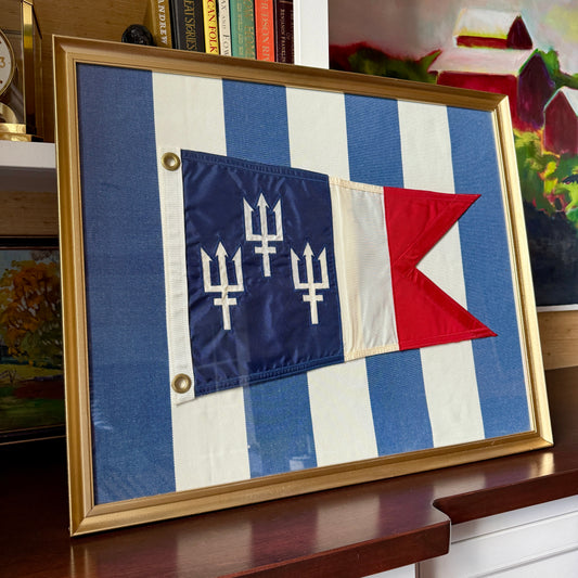 Vintage United States Power Squadron Boston Yacht Club Commander Trident Flag Mounted on Blue Stipes in Gold Frame