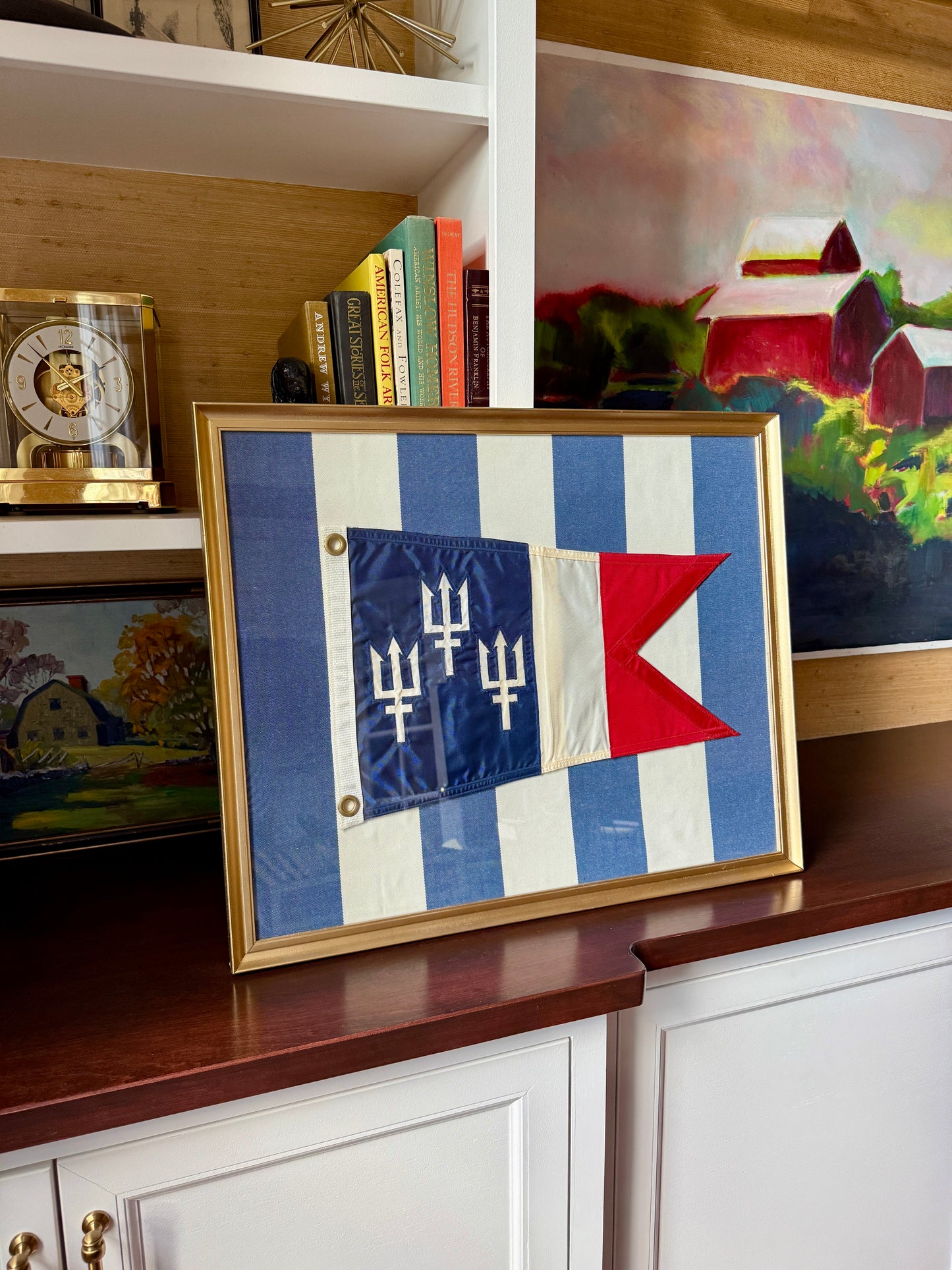 Vintage United States Power Squadron Boston Yacht Club Commander Trident Flag Mounted on Blue Stipes in Gold Frame