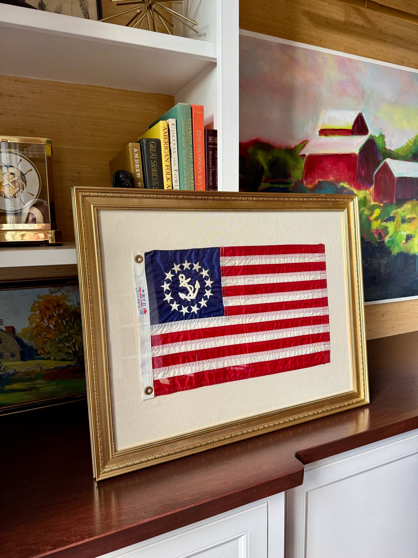 Vintage American Yacht Ensign Nautical Flag on Duck Cloth in Gold Frame