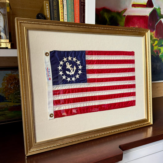 Vintage American Yacht Ensign Nautical Flag on Duck Cloth in Gold Frame