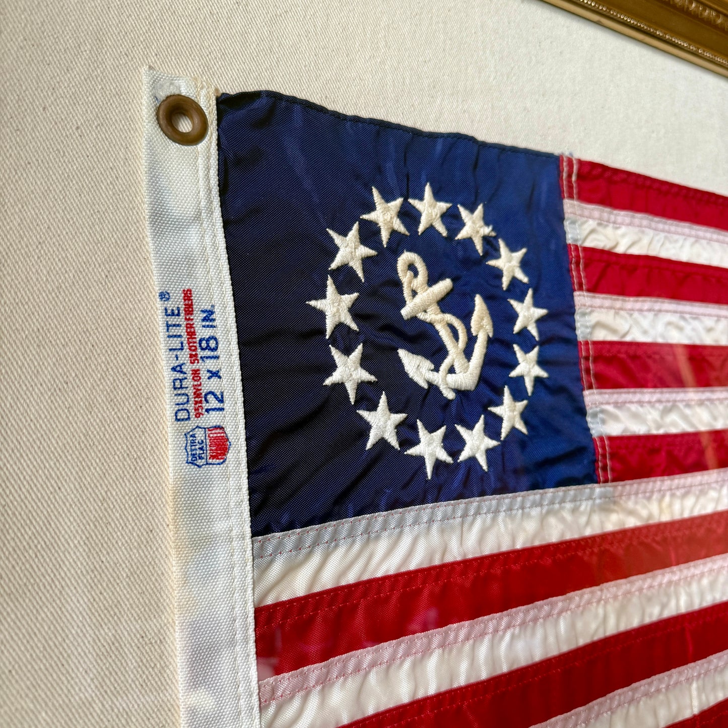 Vintage American Yacht Ensign Nautical Flag on Duck Cloth in Gold Frame
