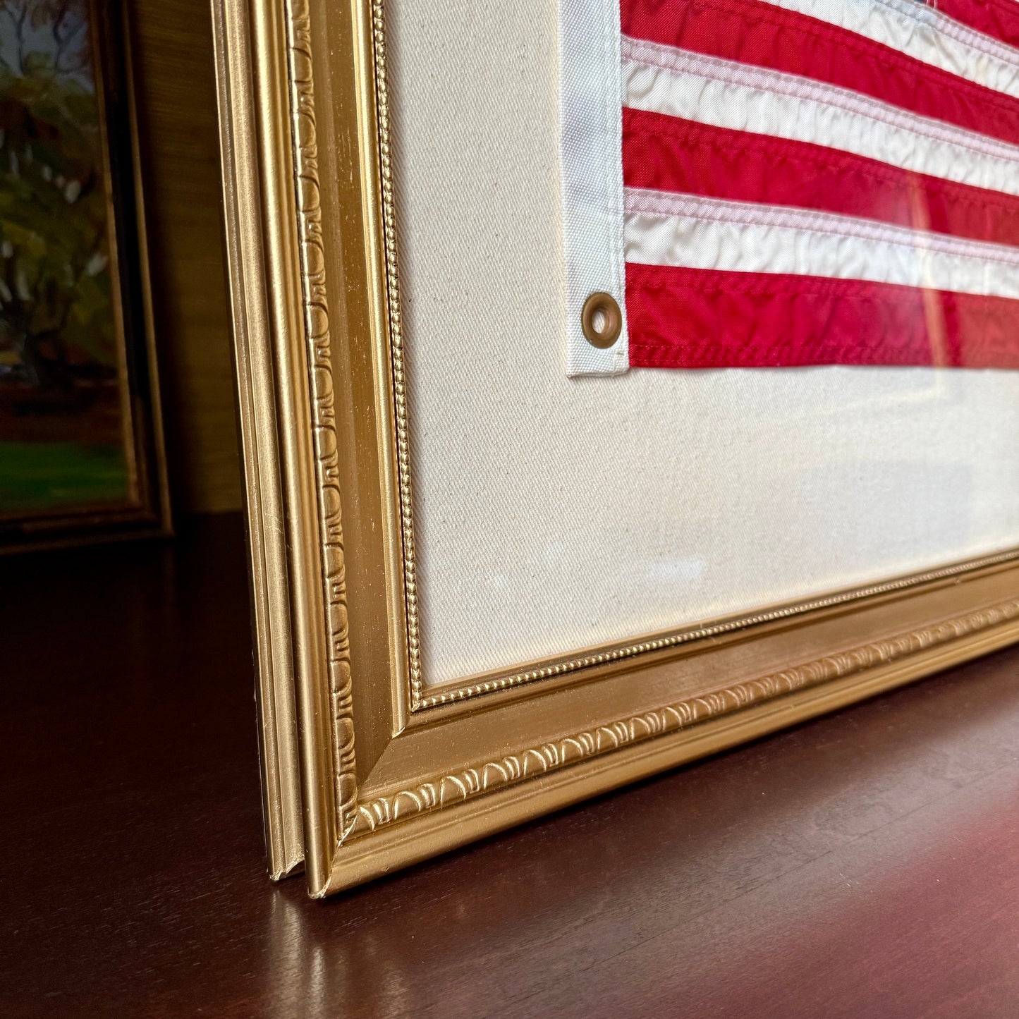 Vintage American Yacht Ensign Nautical Flag on Duck Cloth in Gold Frame