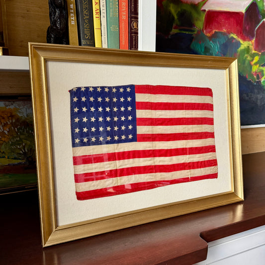 Old Silk 48 Star American Flag on Duck Cloth in Gold Frame