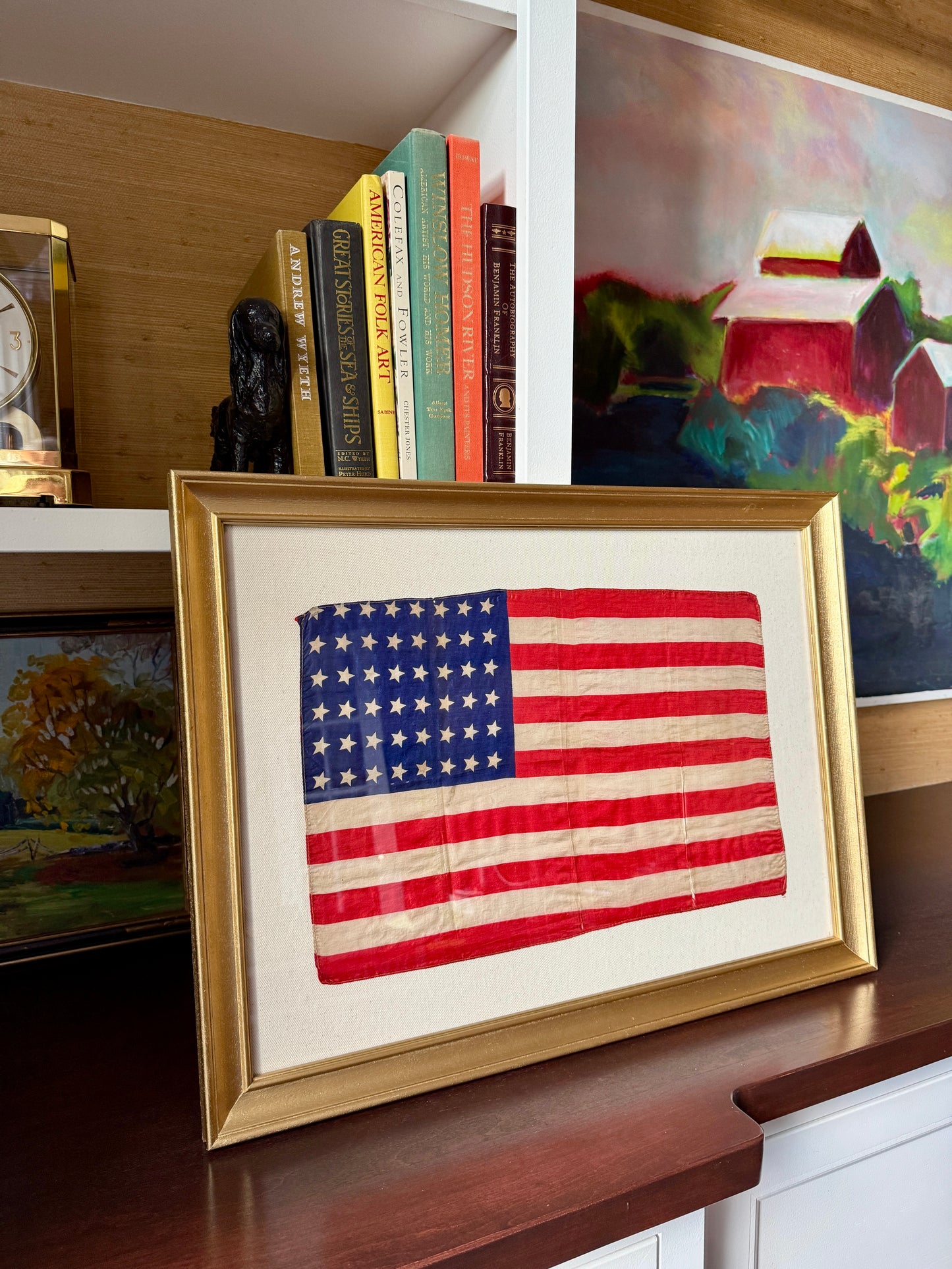 Old Silk 48 Star American Flag on Duck Cloth in Gold Frame