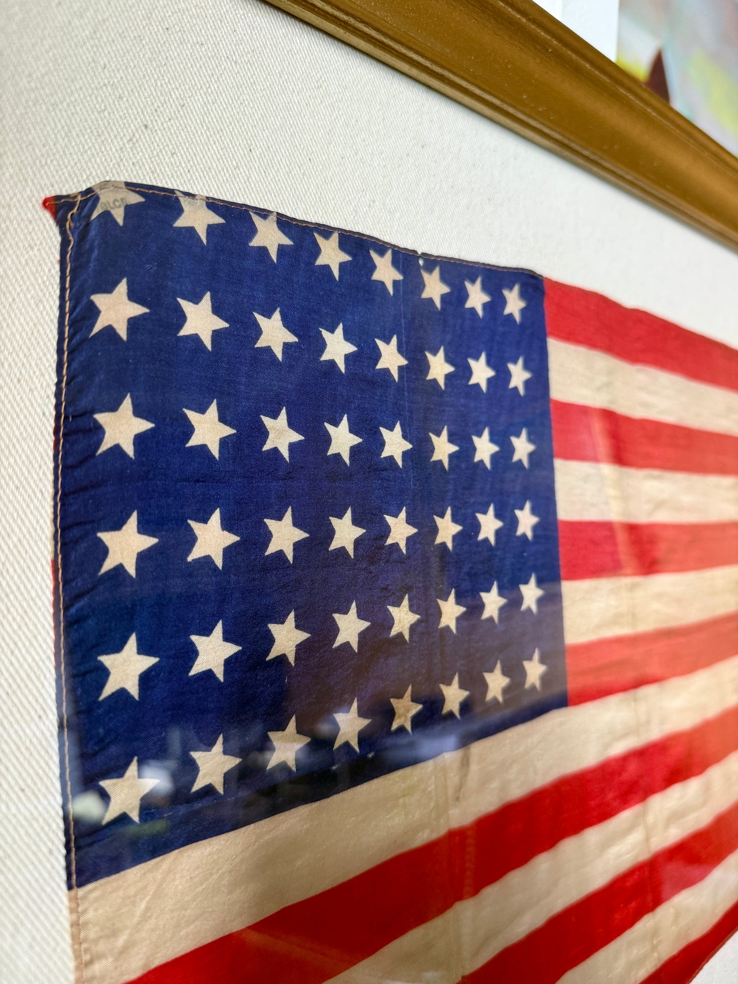 Old Silk 48 Star American Flag on Duck Cloth in Gold Frame