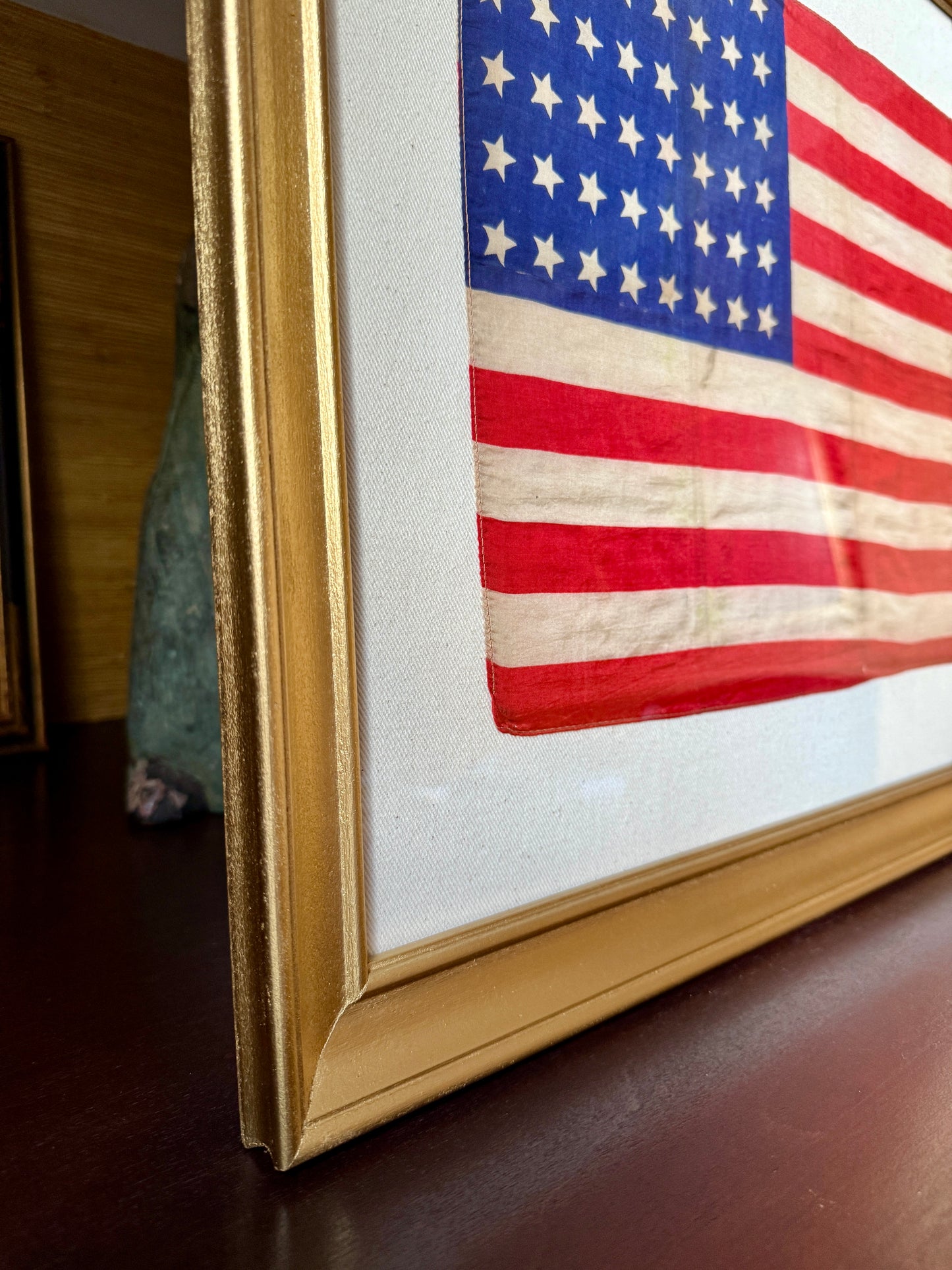 Old Silk 48 Star American Flag on Duck Cloth in Gold Frame