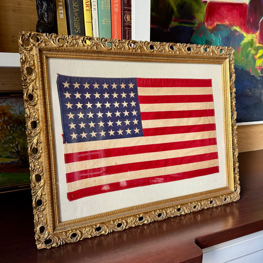 48 Star American Flag on Duck Cloth in Ornate Gold 19th Century Frame