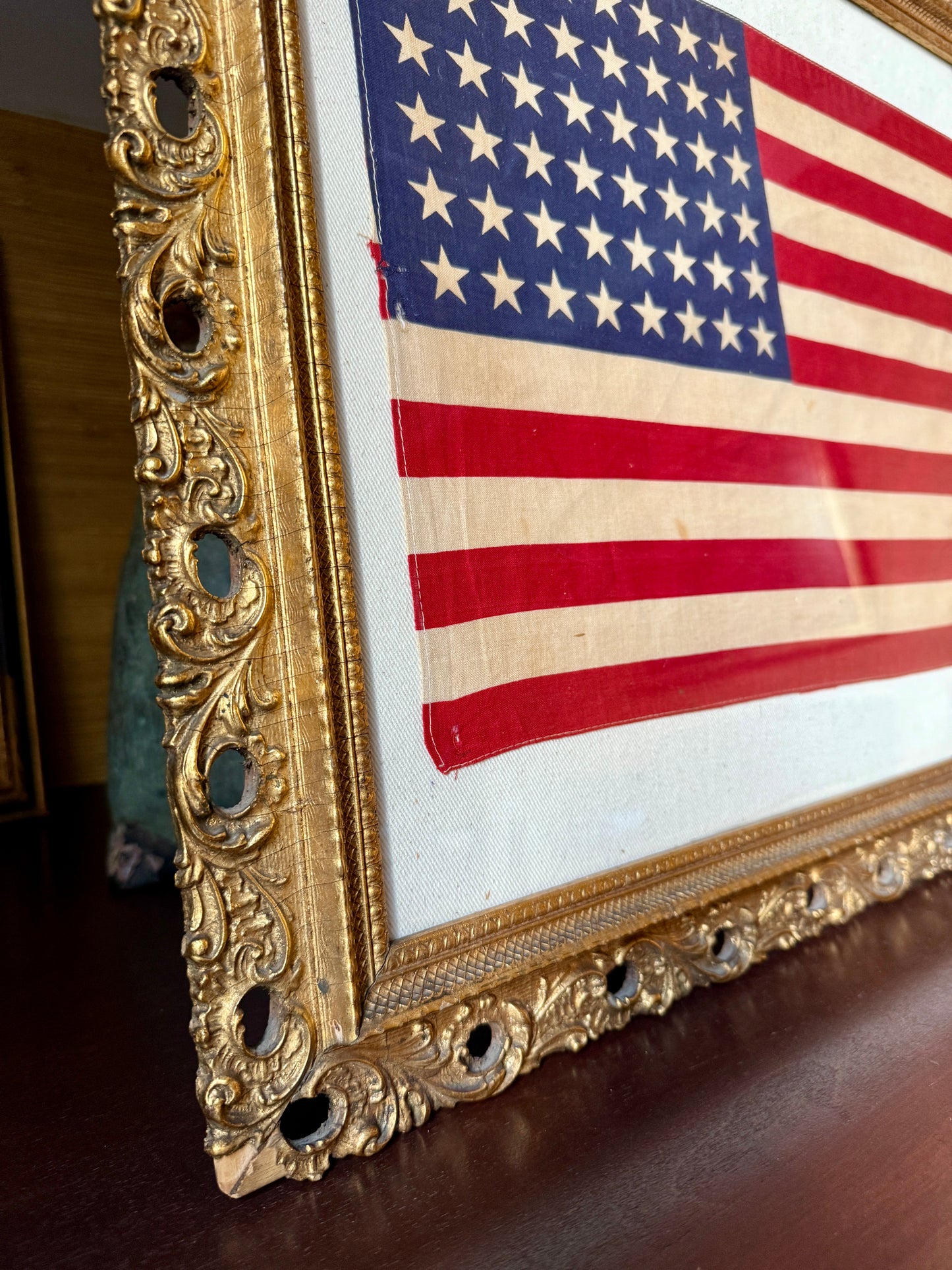 48 Star American Flag on Duck Cloth in Ornate Gold 19th Century Frame