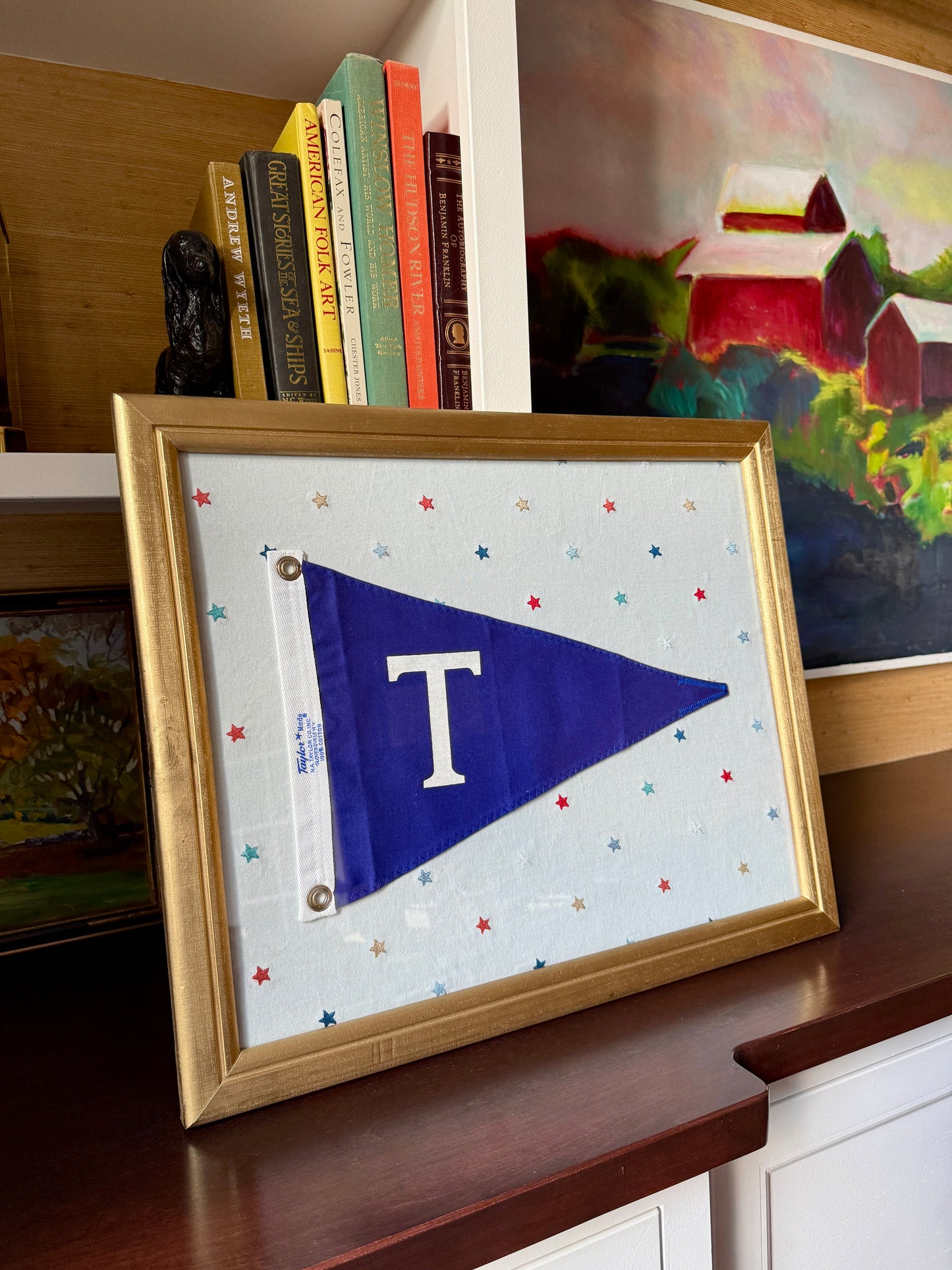 Vintage "T" Initial Canvas Burgee Nautical Flag on Red White Blue Stars in Gold Frame