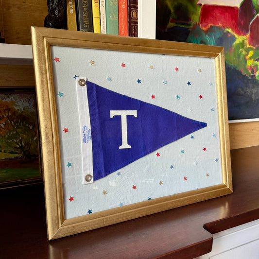 Vintage "T" Initial Canvas Burgee Nautical Flag on Red White Blue Stars in Gold Frame