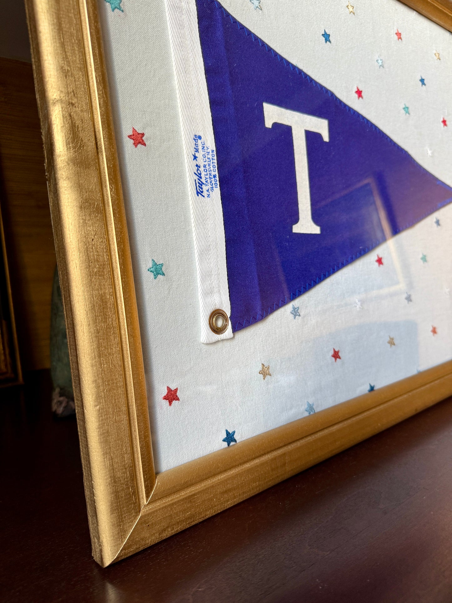 Vintage "T" Initial Canvas Burgee Nautical Flag on Red White Blue Stars in Gold Frame