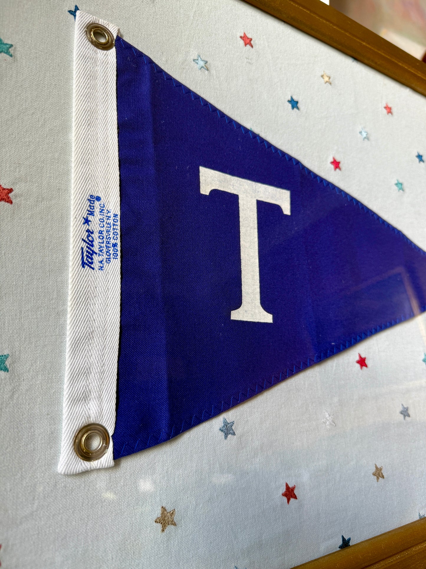 Vintage "T" Initial Canvas Burgee Nautical Flag on Red White Blue Stars in Gold Frame
