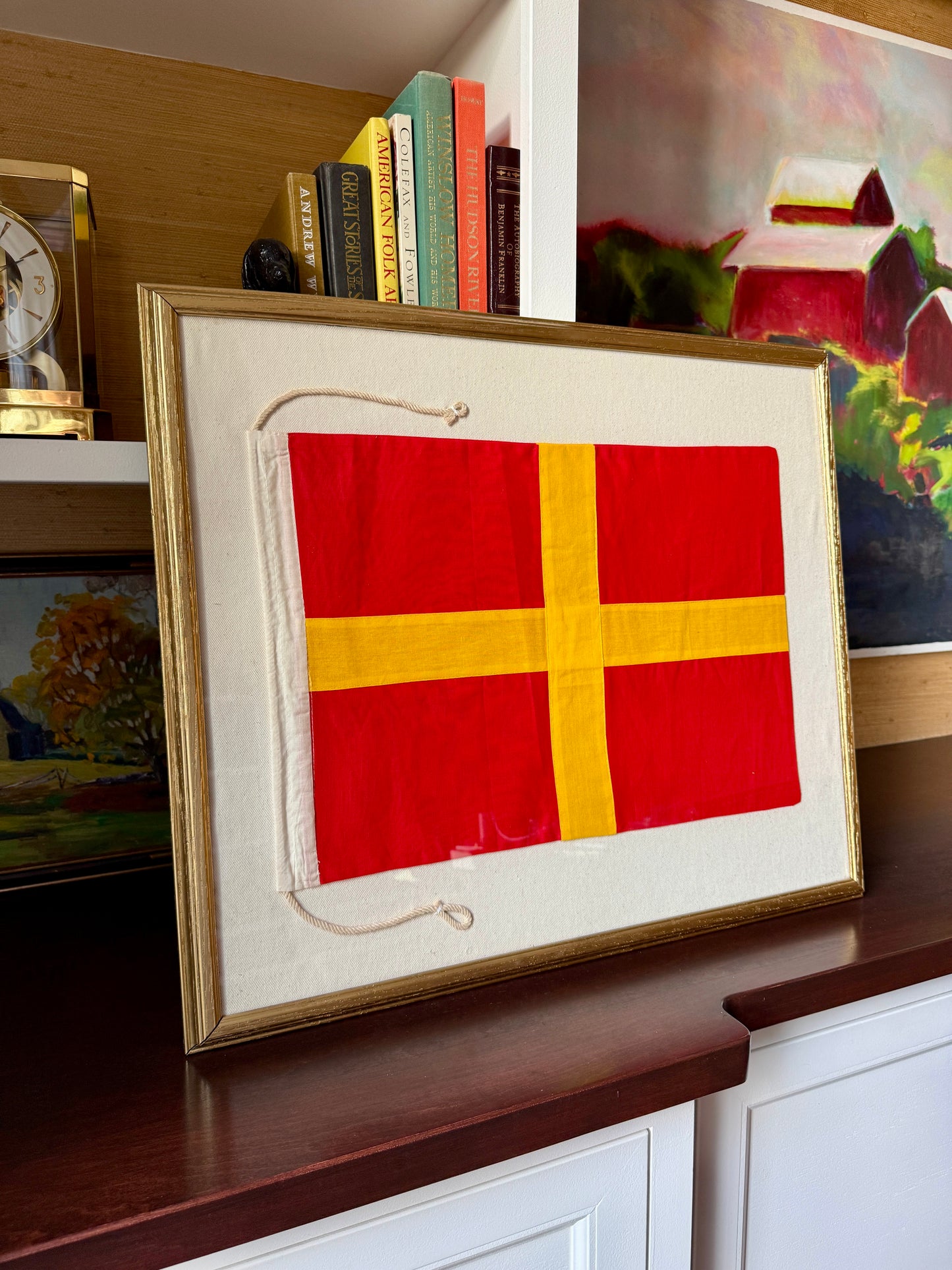 Vintage Canvas Nautical Signal Flag for "R" on Duck Cloth in Gold Frame