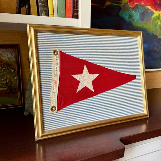 Vintage Red and White Stitched Star Canvas Nautical Burgee on Blue Ticking Stripes in Gold Frame