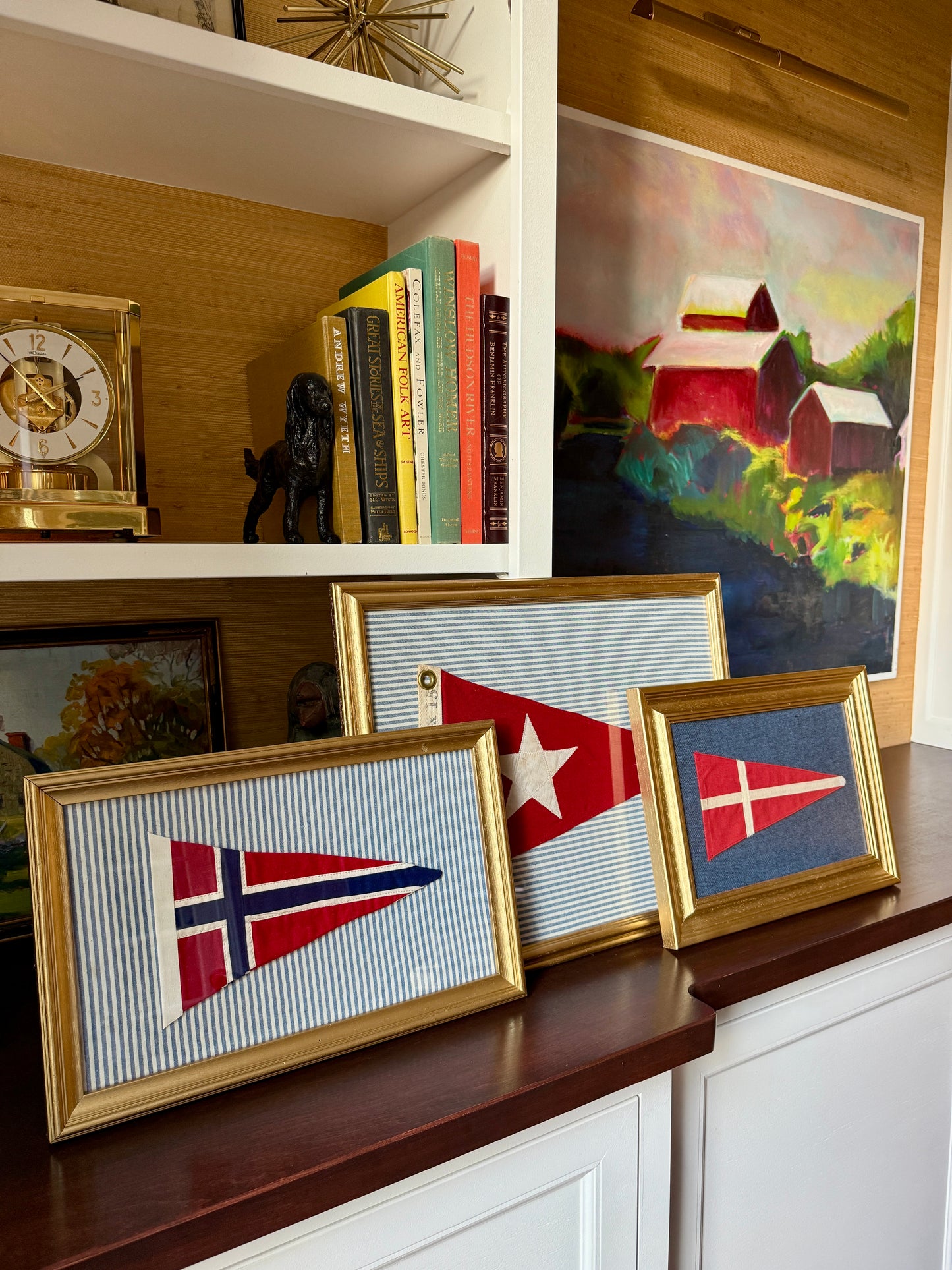 Vintage Stitched Canvas Flag of Denmark / Nautical Signal Flag "4" on Navy Blue Pique in Gold Frame