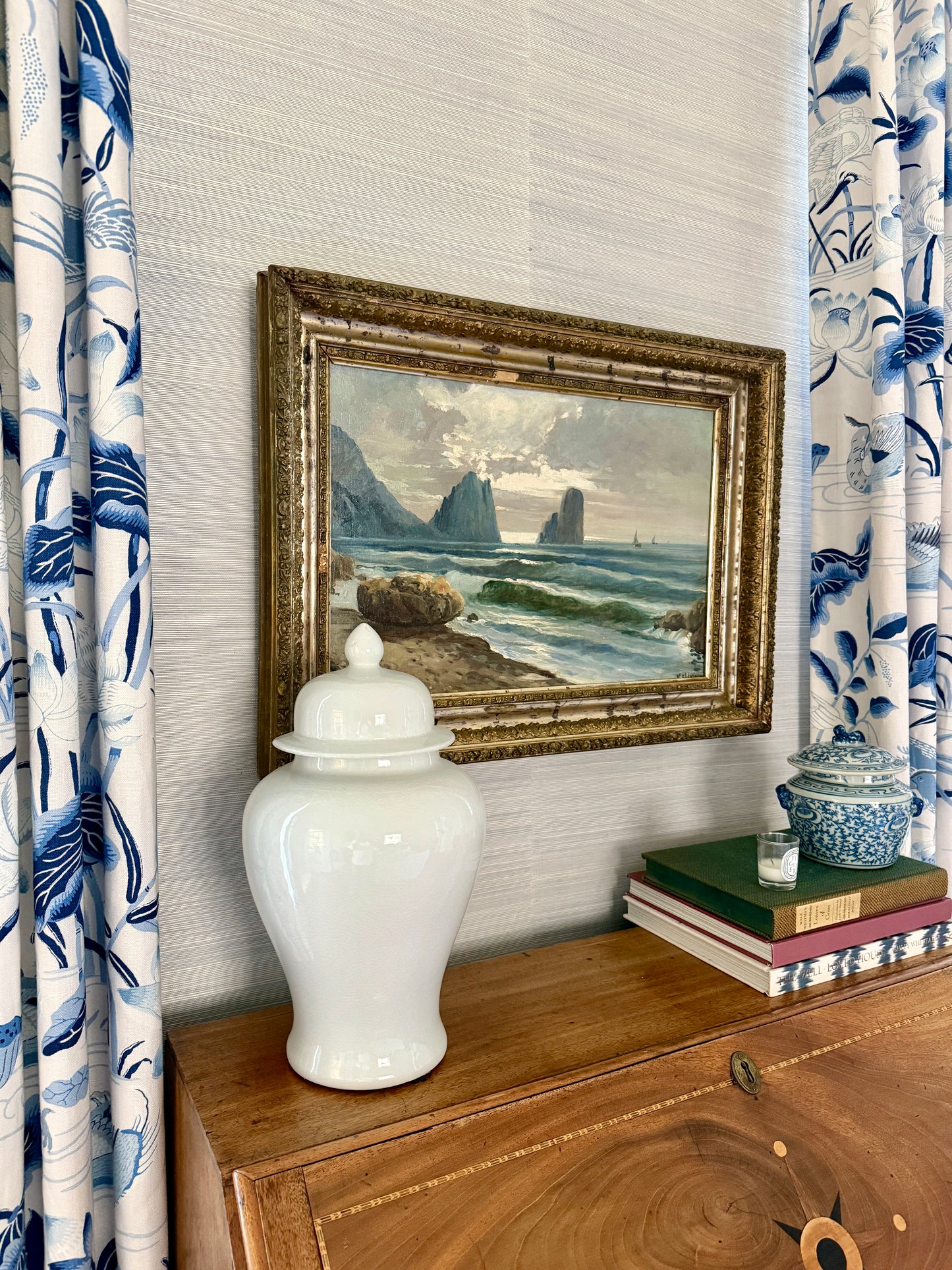 Antique Rocky Seascape with Sailboats Oil Painting in Ornate Antique Gilded Frame