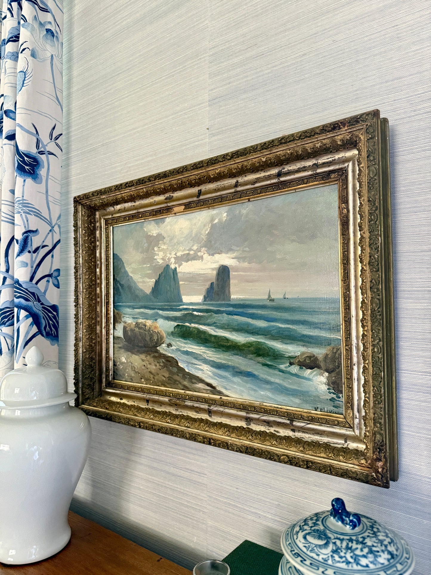 Antique Rocky Seascape with Sailboats Oil Painting in Ornate Antique Gilded Frame