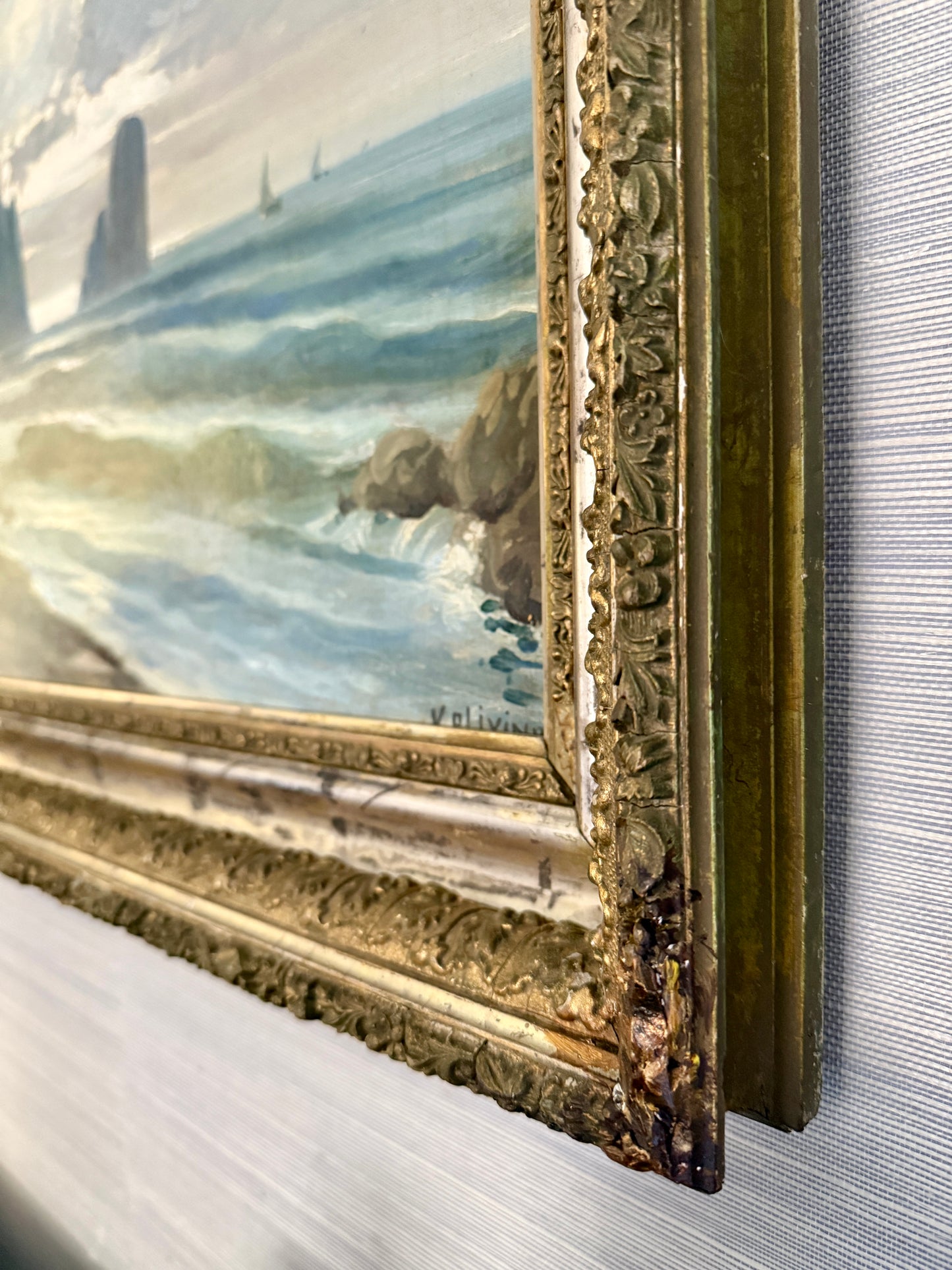 Antique Rocky Seascape with Sailboats Oil Painting in Ornate Antique Gilded Frame