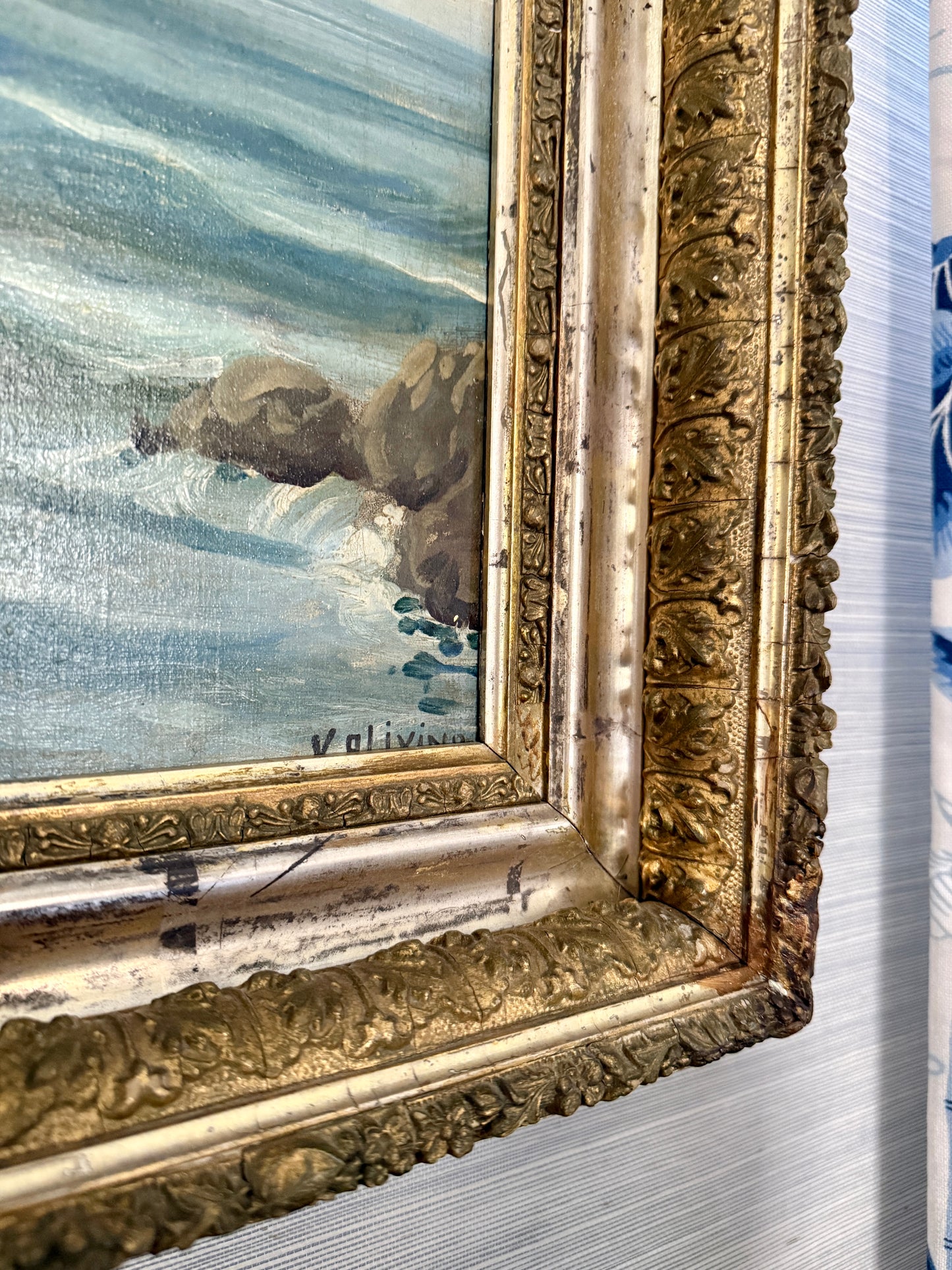 Antique Rocky Seascape with Sailboats Oil Painting in Ornate Antique Gilded Frame