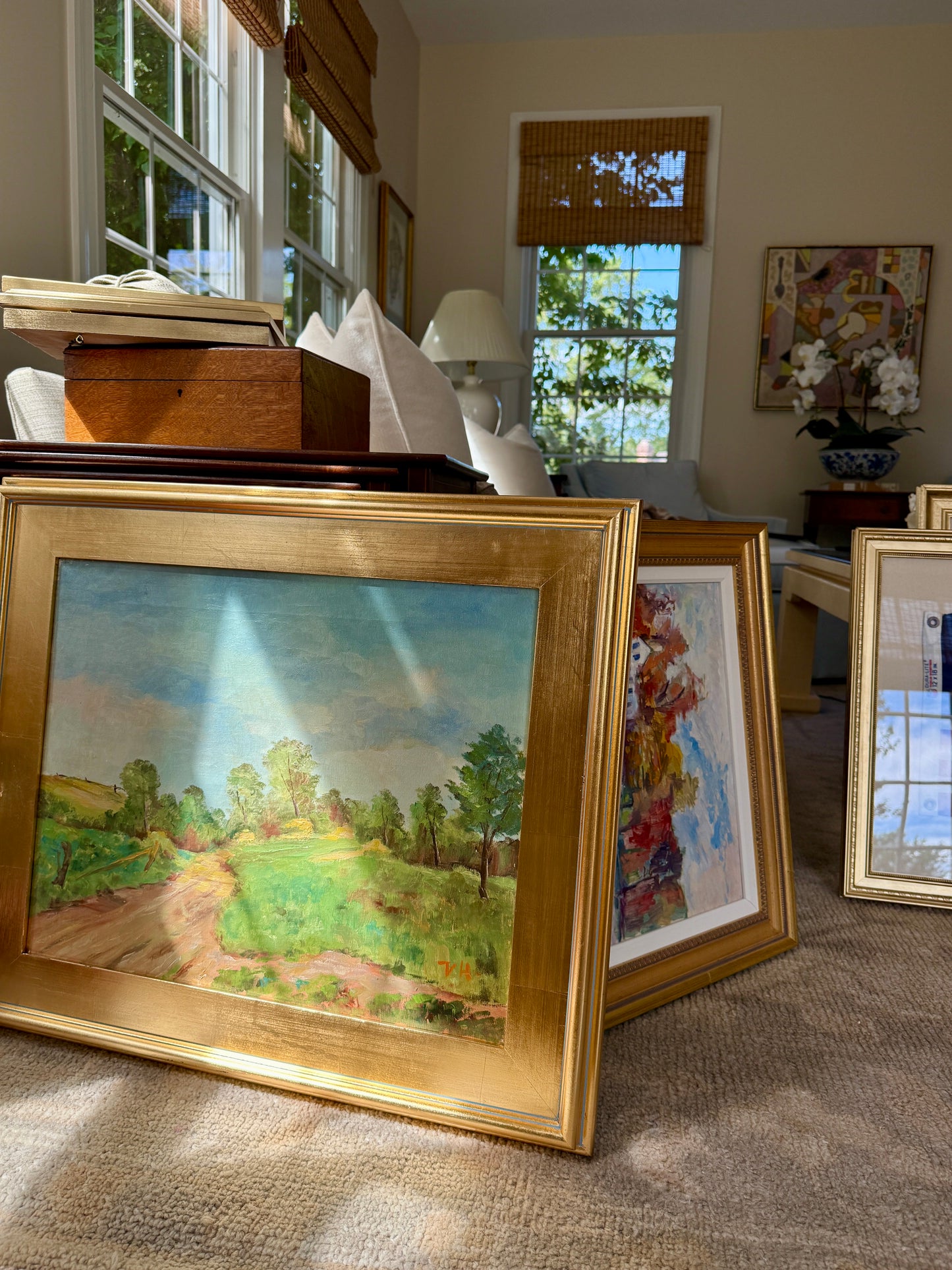 Vintage Impressionist Winding Road Country Landscape Oil Painting in Gold Frame