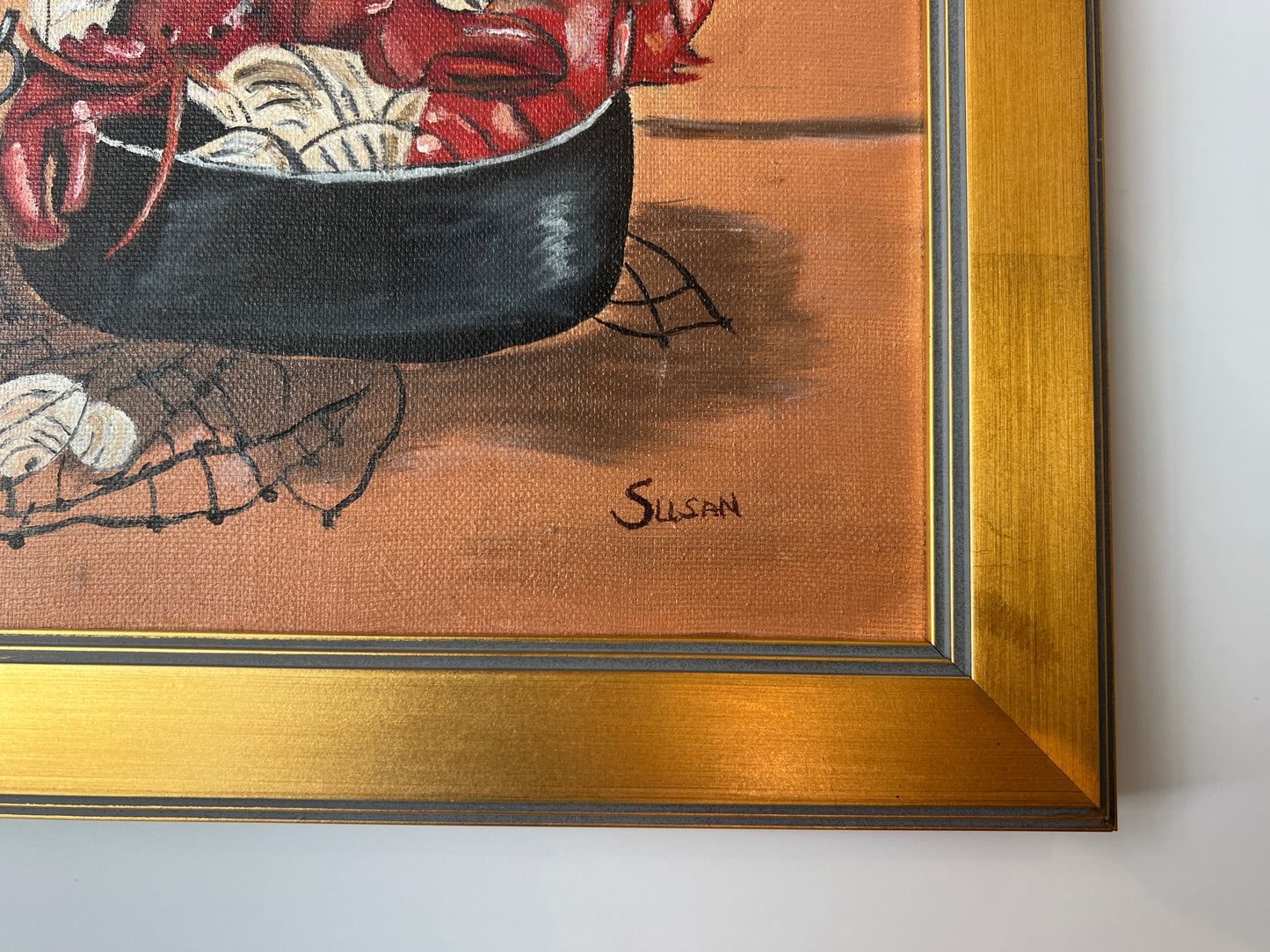 Vintage Lobster Pot Folk Style Painting in Gold Frame