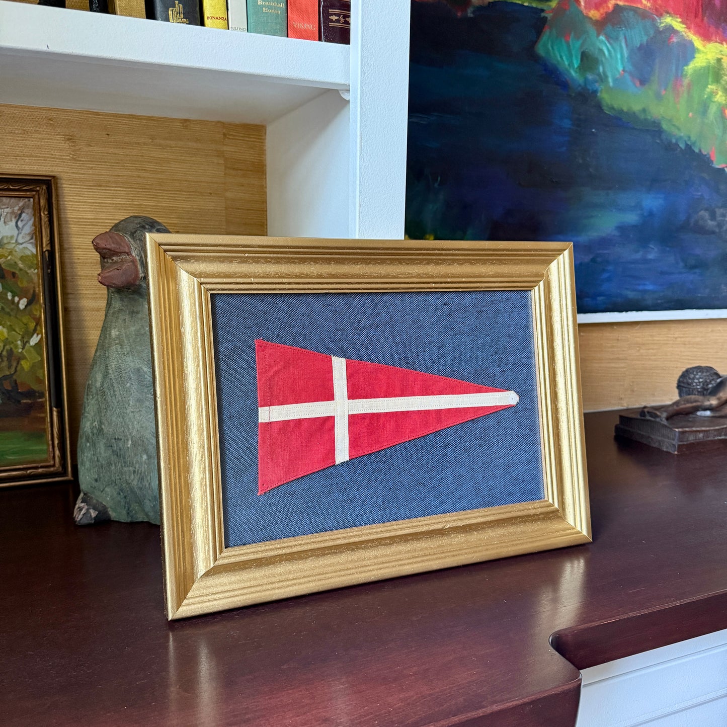 Vintage Stitched Canvas Flag of Denmark / Nautical Signal Flag "4" on Navy Blue Pique in Gold Frame
