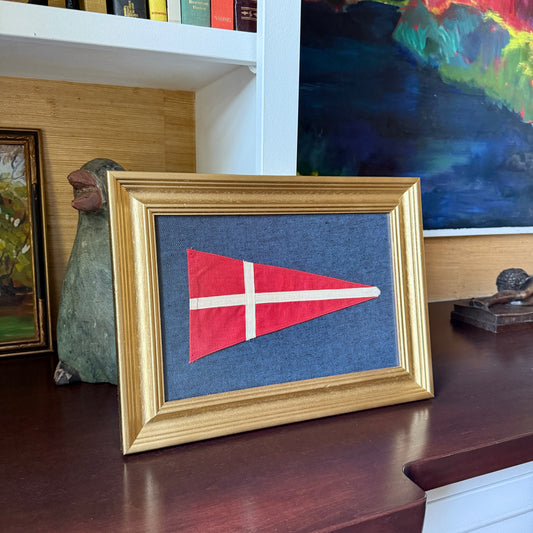 Vintage Stitched Canvas Flag of Denmark / Nautical Signal Flag "4" on Navy Blue Pique in Gold Frame