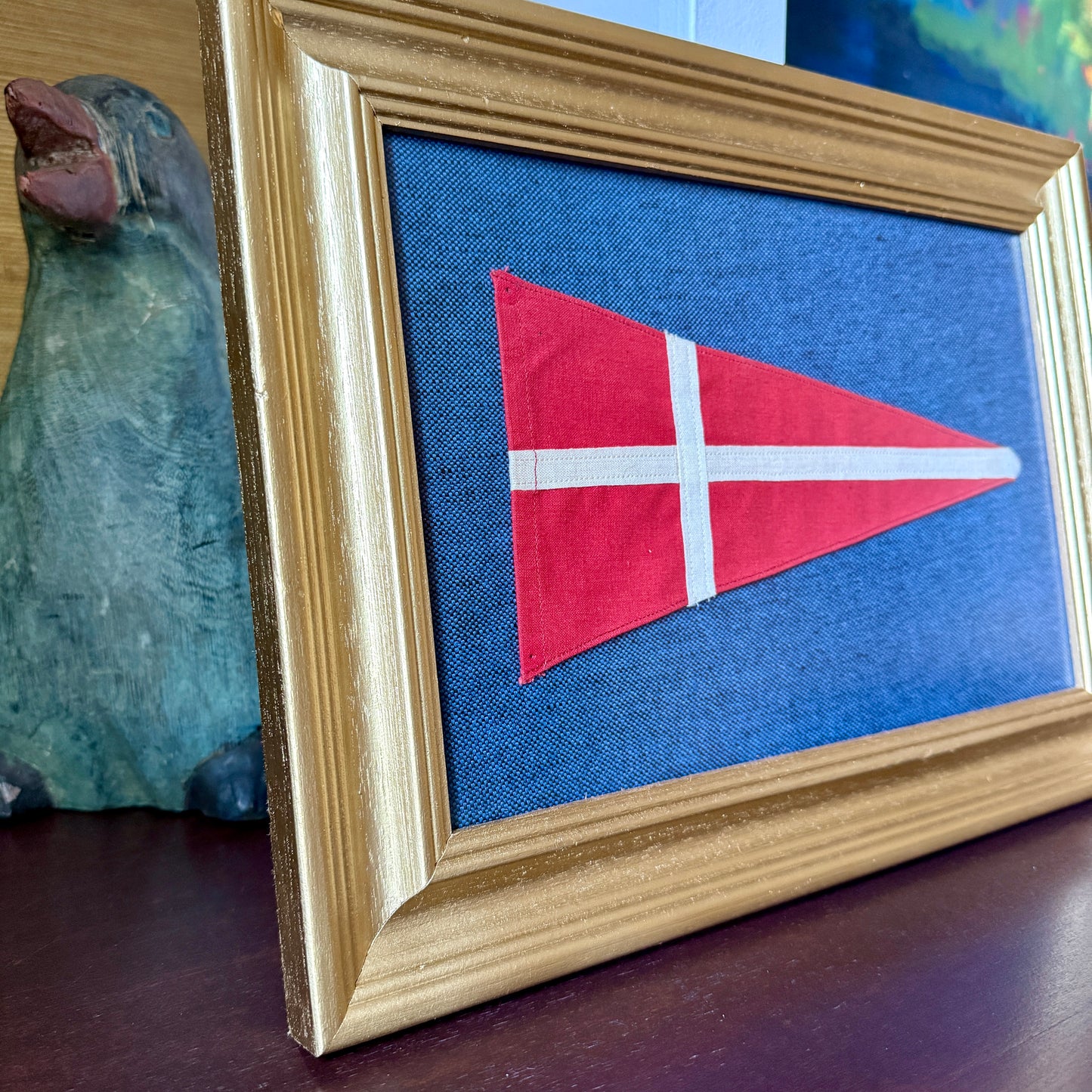 Vintage Stitched Canvas Flag of Denmark / Nautical Signal Flag "4" on Navy Blue Pique in Gold Frame