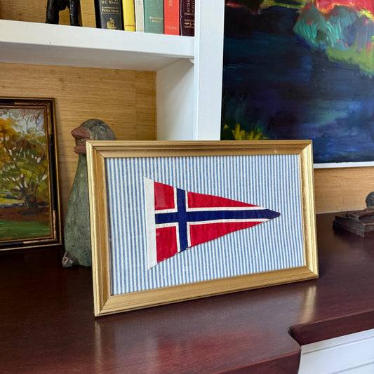Vintage Stitched Canvas Flag of Norway on Blue Ticking Stripes in Gold Frame