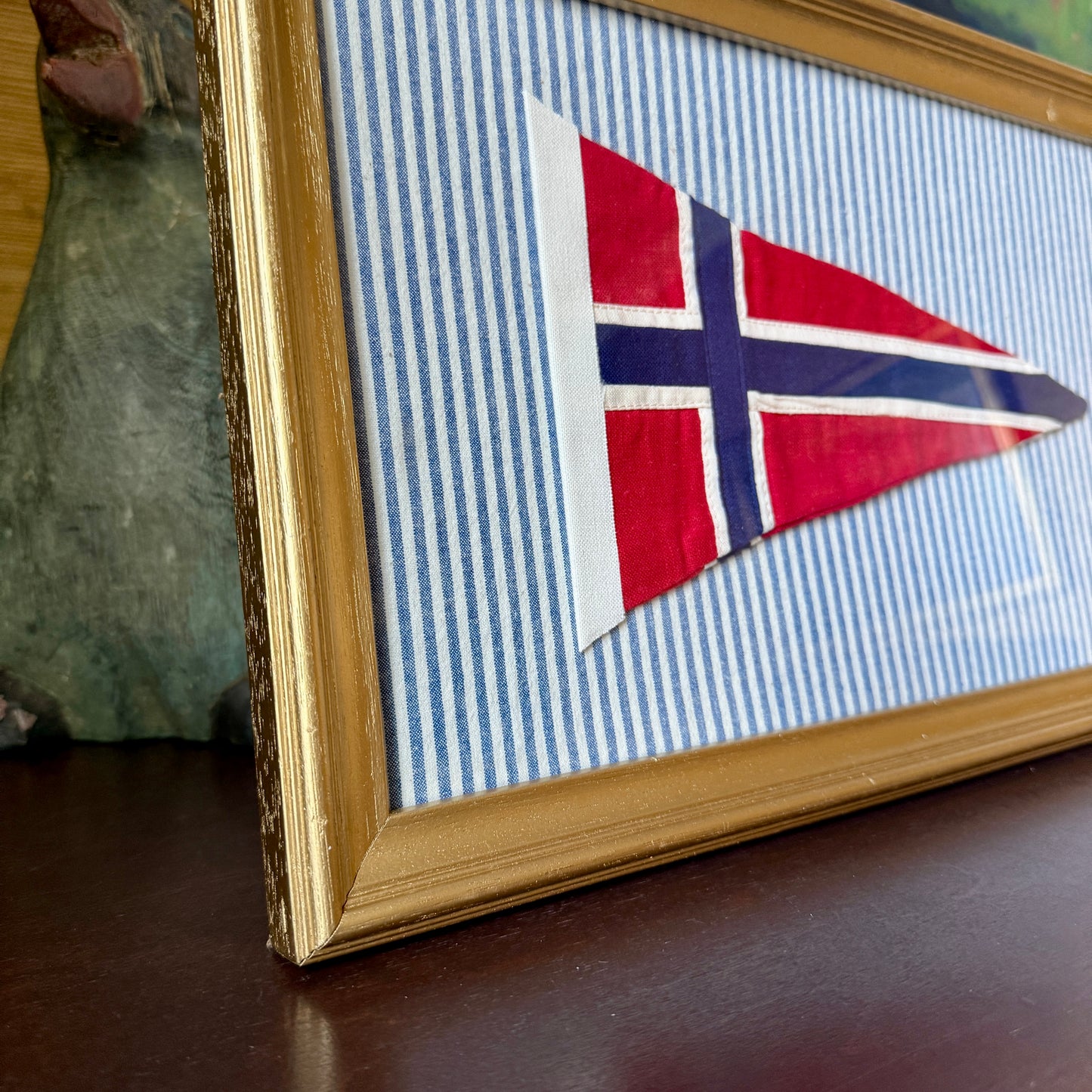 Vintage Stitched Canvas Flag of Norway on Blue Ticking Stripes in Gold Frame