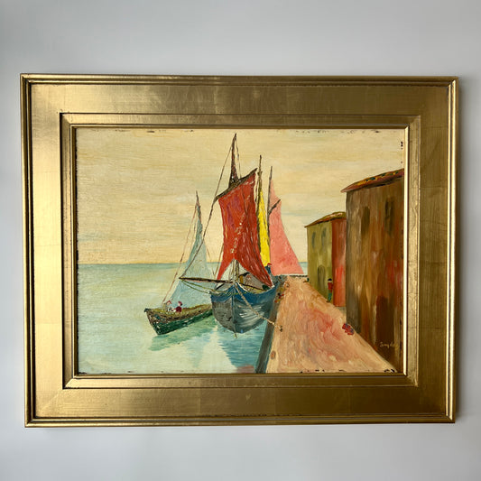 Mid Century Portuguese Sails Sailboats in Harbor Oil Painting in Gold Frame